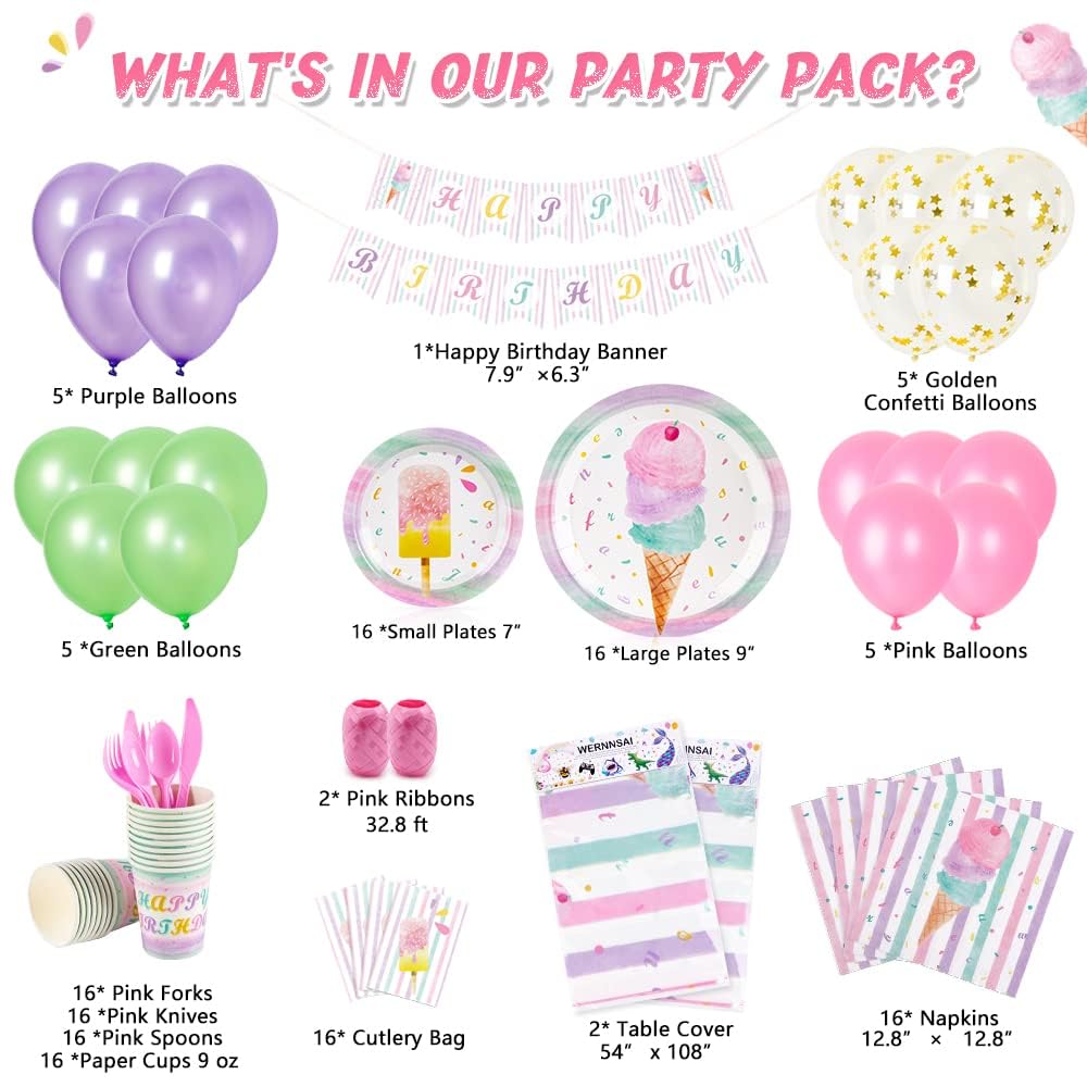 **WERNNSAI 153PCS Pink Ice Cream Party Supplies Set - Birthday Decorations for Girls with Banner, Balloons, Tablecloth, Plates, Cups, Napkins, Cutlery & Utensils (Serves 16 Guests) - Perfect for Summer Parties, Baby Showers & Birthday Celebrations**