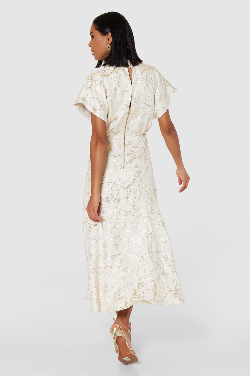 EVA Asymmetric Midi Dress in Cream & Gold - Elegant Women's Party & Evening Wear for Special Occasions