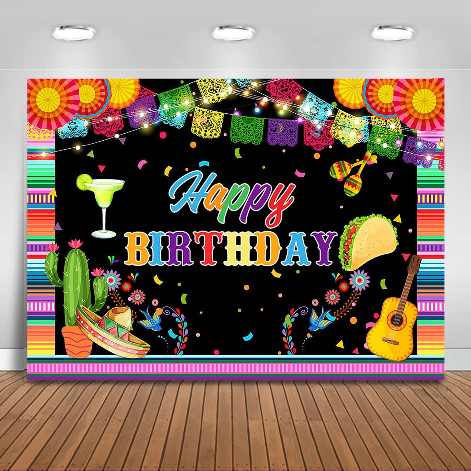 Mexican Fiesta Happy Birthday Backdrop - Cinco De Mayo Taco Party Decorations, Colorful Flags Photo Background for Birthday Photography (5x3ft) - Perfect for Cinco De Mayo Celebrations, Taco Themed Parties, and Festive Birthday Photo Booths