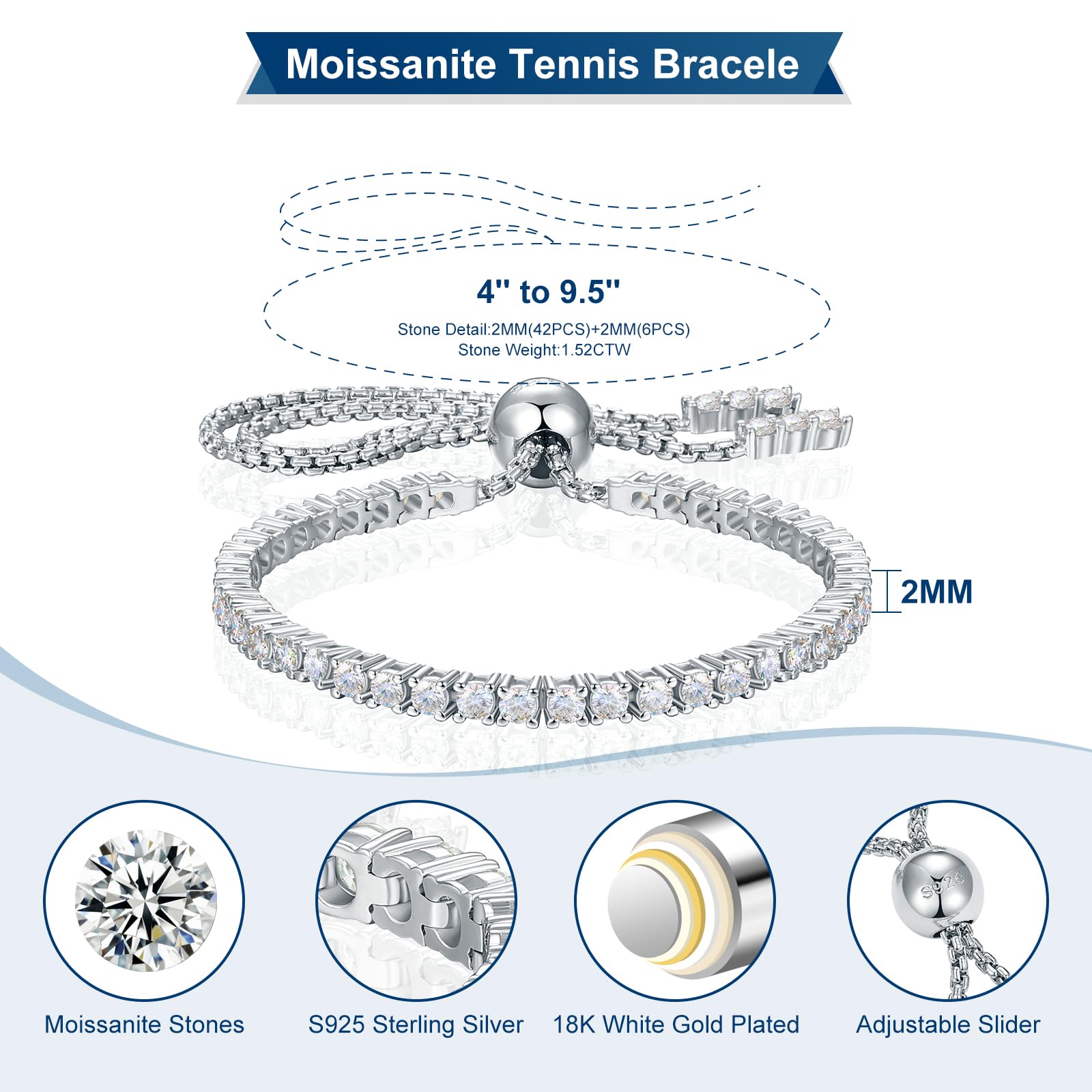 1.52ct-7.76ct Moissanite Tennis Bracelet for Women | 18K White Gold Plated S925 Sterling Silver | D Color VVS1 Round Brilliant Cut Lab Created Diamond Alternative | Adjustable Luxury Jewelry | Perfect for Anniversaries, Weddings & Special Occasions