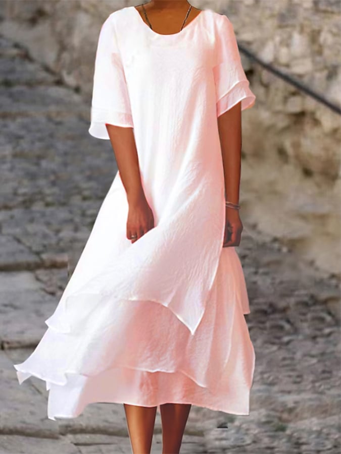 Lovevop Women's Cotton Linen Blend Color Block Split Short Sleeve Round Neck Summer Dress - Casual Beach Wear, Vacation Outfit, Boho Chic Style