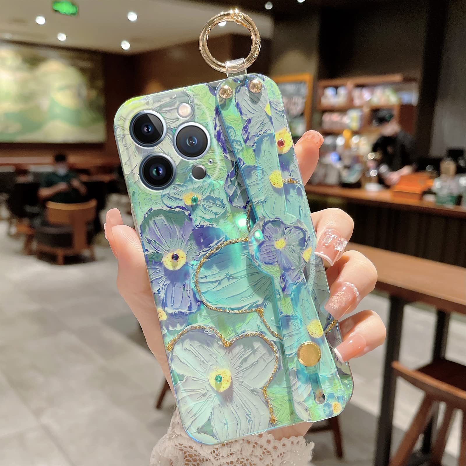 Elegant Bling Flower iPhone 13 Pro Max Case 6.7 Inch - Cute Slim TPU Shockproof Cover with Wrist Strap & Kickstand for Women & Girls | Perfect for Daily Use, Work & Social Events
