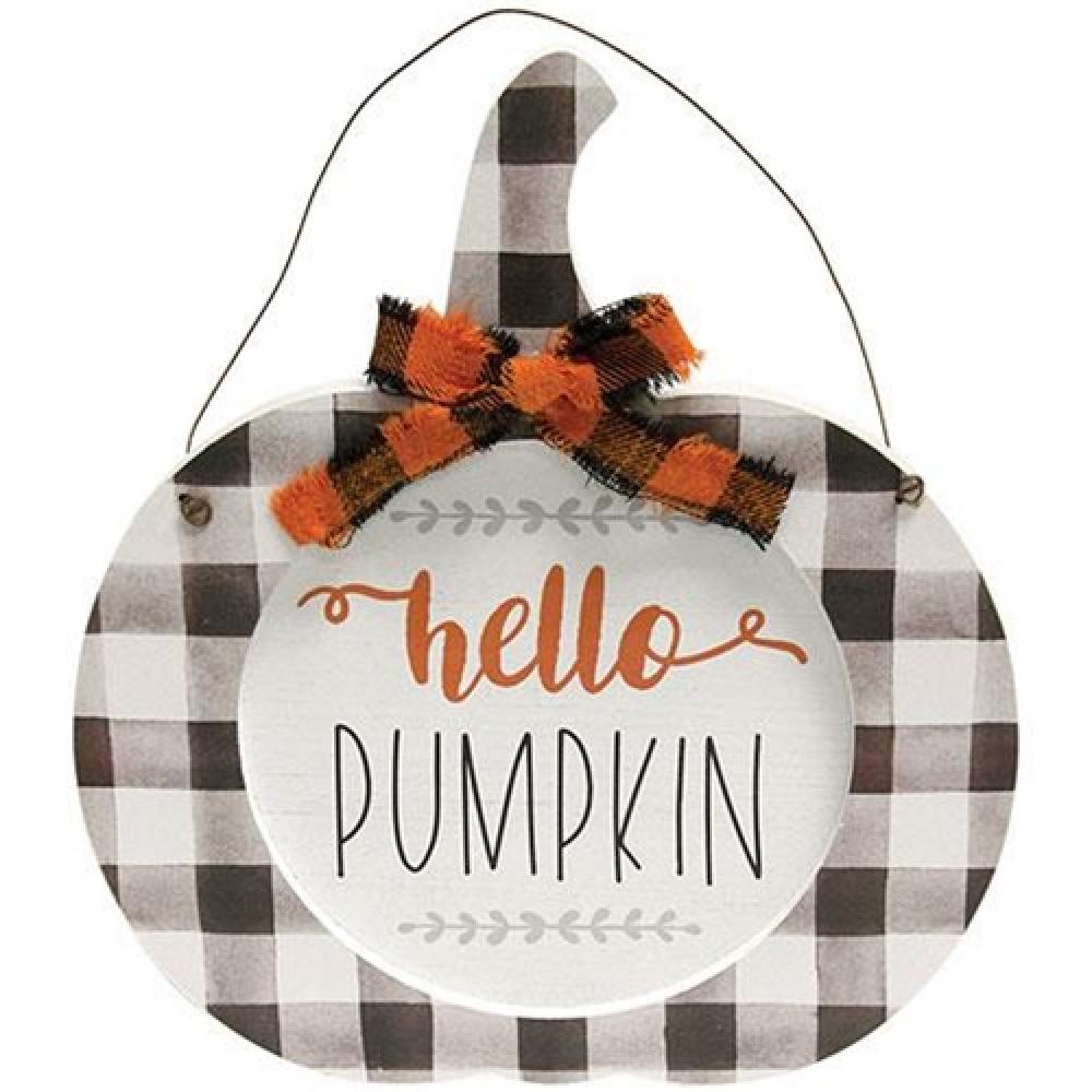 Hello Pumpkin Hanging Buffalo Check Fall Decor - Rustic Farmhouse Thanksgiving & Halloween Pumpkin Decorations for Porch, Mantel, and Front Door