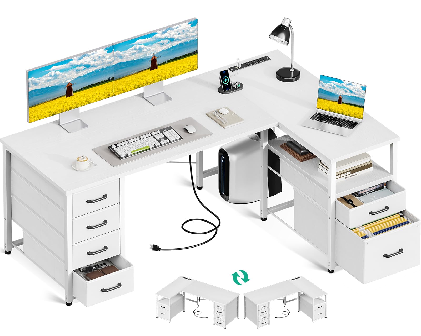 Coleshome 55 Inch L-Shaped Computer Desk with 6 Drawers, Power Outlet & Reversible Storage Shelf - Home Office Corner Desk with File Drawer in White | Perfect for Small Spaces, Gaming Setup & Remote Work