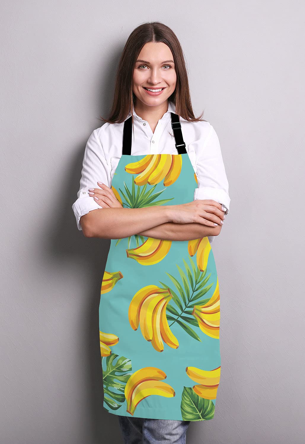 Adjustable Tropical Palm Leaves & Bananas Bib Apron for Men & Women - Kitchen Cooking, BBQ, Baking, Grilling - Perfect for Chefs, Waitresses & Home Cooks