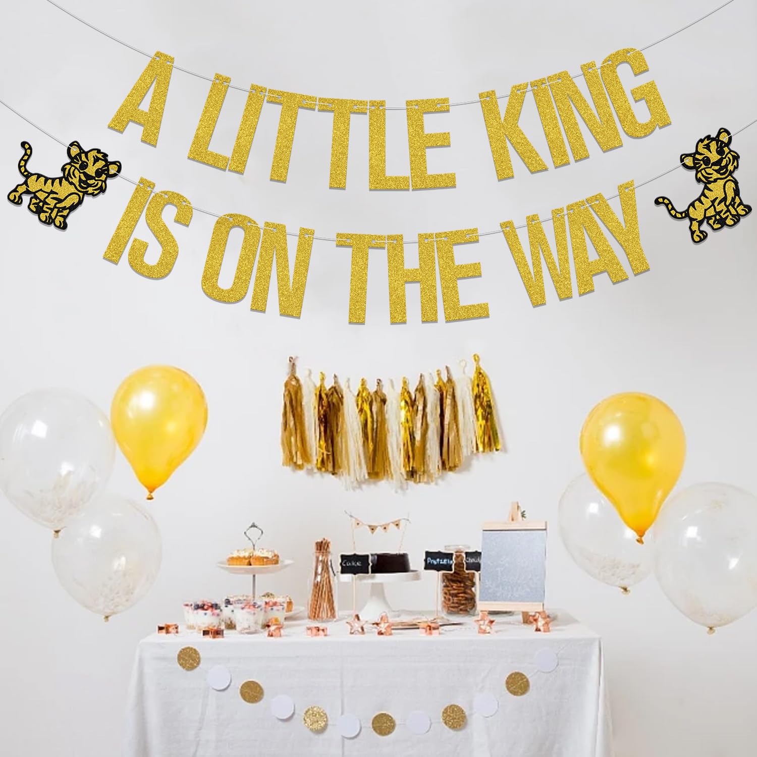 Little King Banner - Gold & Black Glitter Lion King Baby Shower & Birthday Party Decorations | Nursery Wall Decor, Gender Reveal, First Birthday Theme Party Supplies