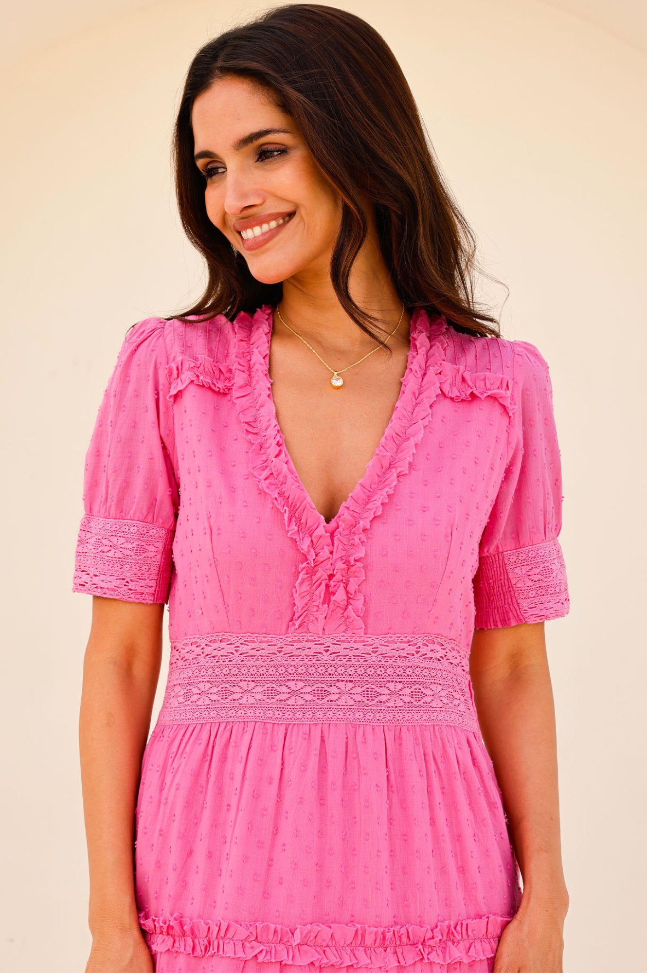 Organic Cotton Viola Short Sleeve Dobby Dress - Bright Pink | Casual Summer Outfit, Beach Cover-Up, Boho Chic Style