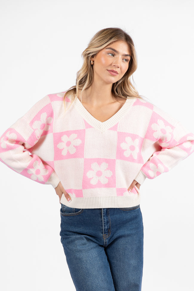 Pink V-Neck Checkered Floral Sweater for Women - Cozy Knit Pullover - Perfect for Fall & Winter Outfits, Casual Wear, and Office Attire