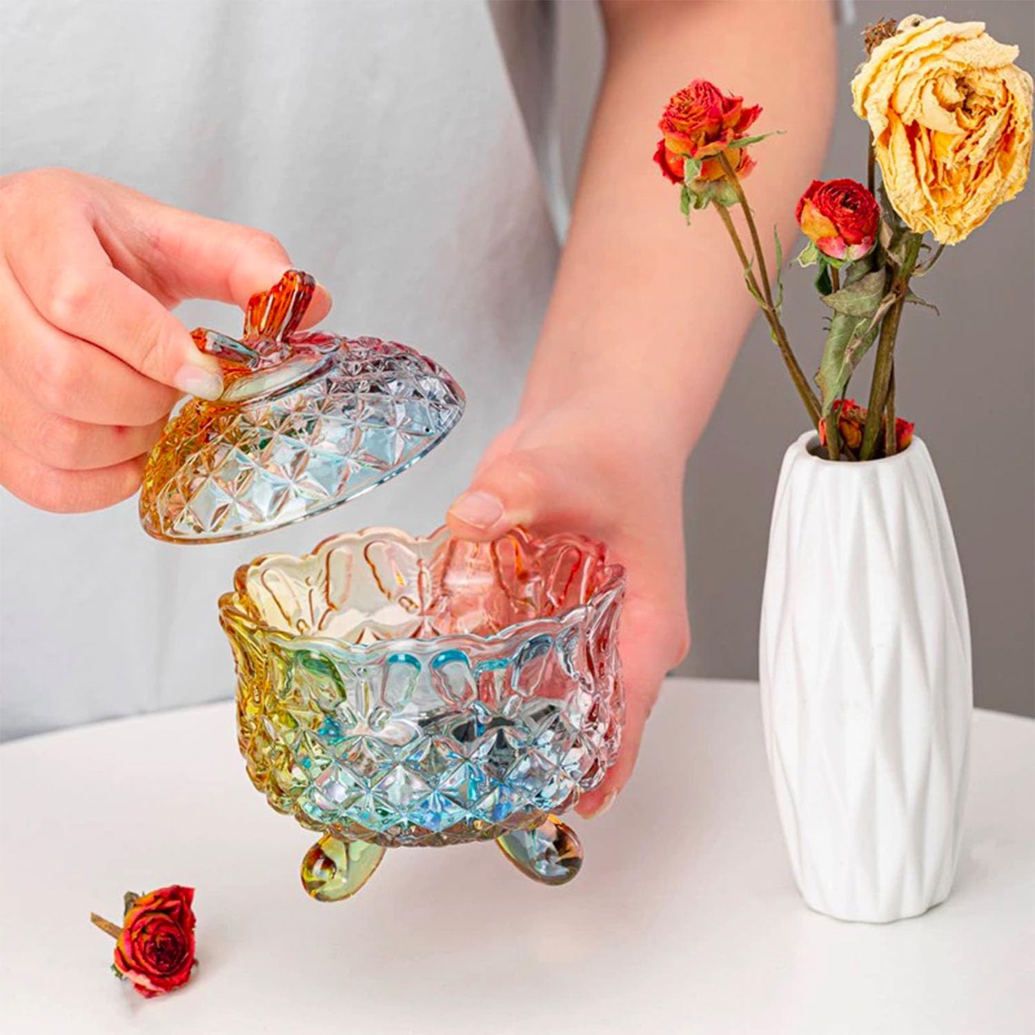 Royal Embossed Crystal Candy Box with Lid - Elegant Footed Jewelry Storage, Candy Jar, Cookie Jar for Weddings, Parties & Kitchen Organization - 10oz Rainbow Glass Container - Perfect for Candy Buffets, Gift Packaging & Home Decor