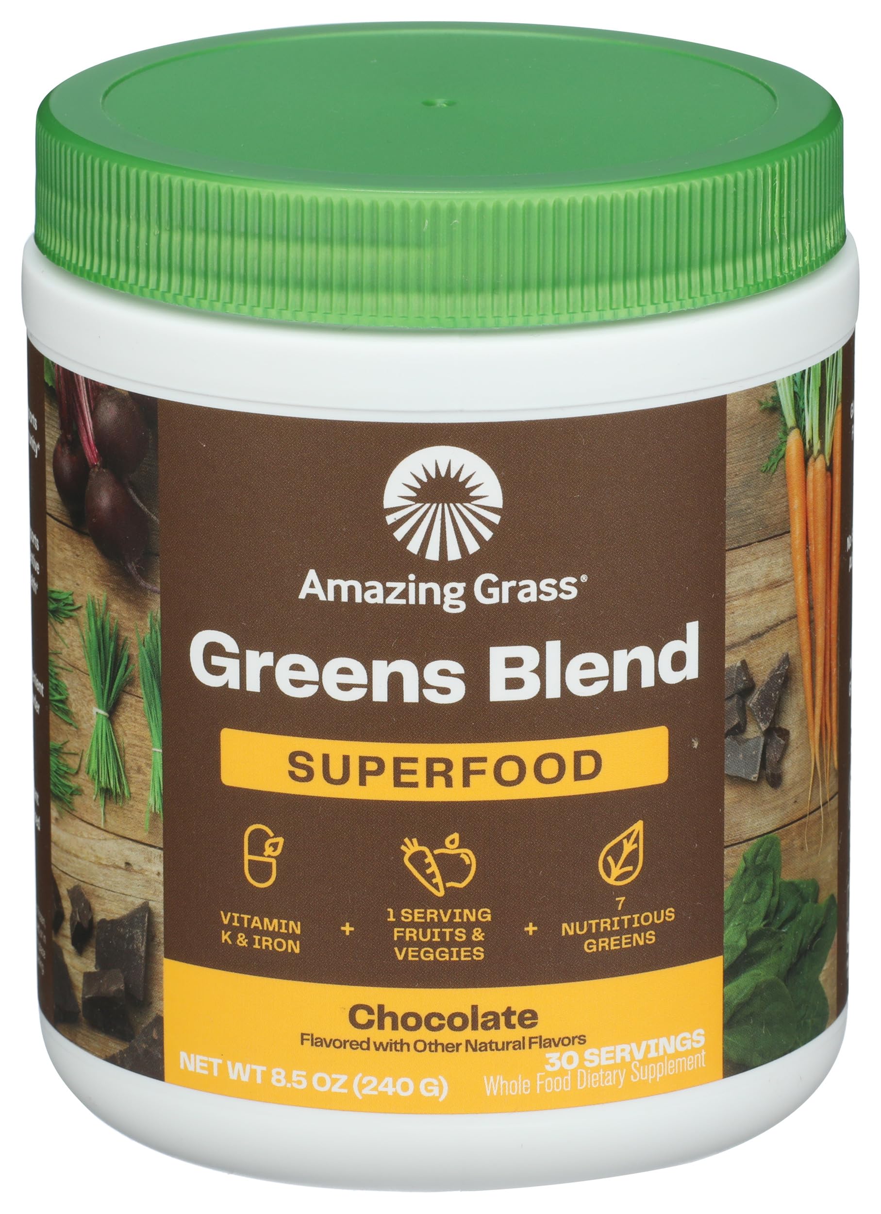 AMAZING GRASS Chocolate Green Superfood Powder - 8.5 oz | Organic Super Greens Blend with Spirulina & Chlorella | Perfect for Smoothies, Shakes & Healthy Energy Boosts