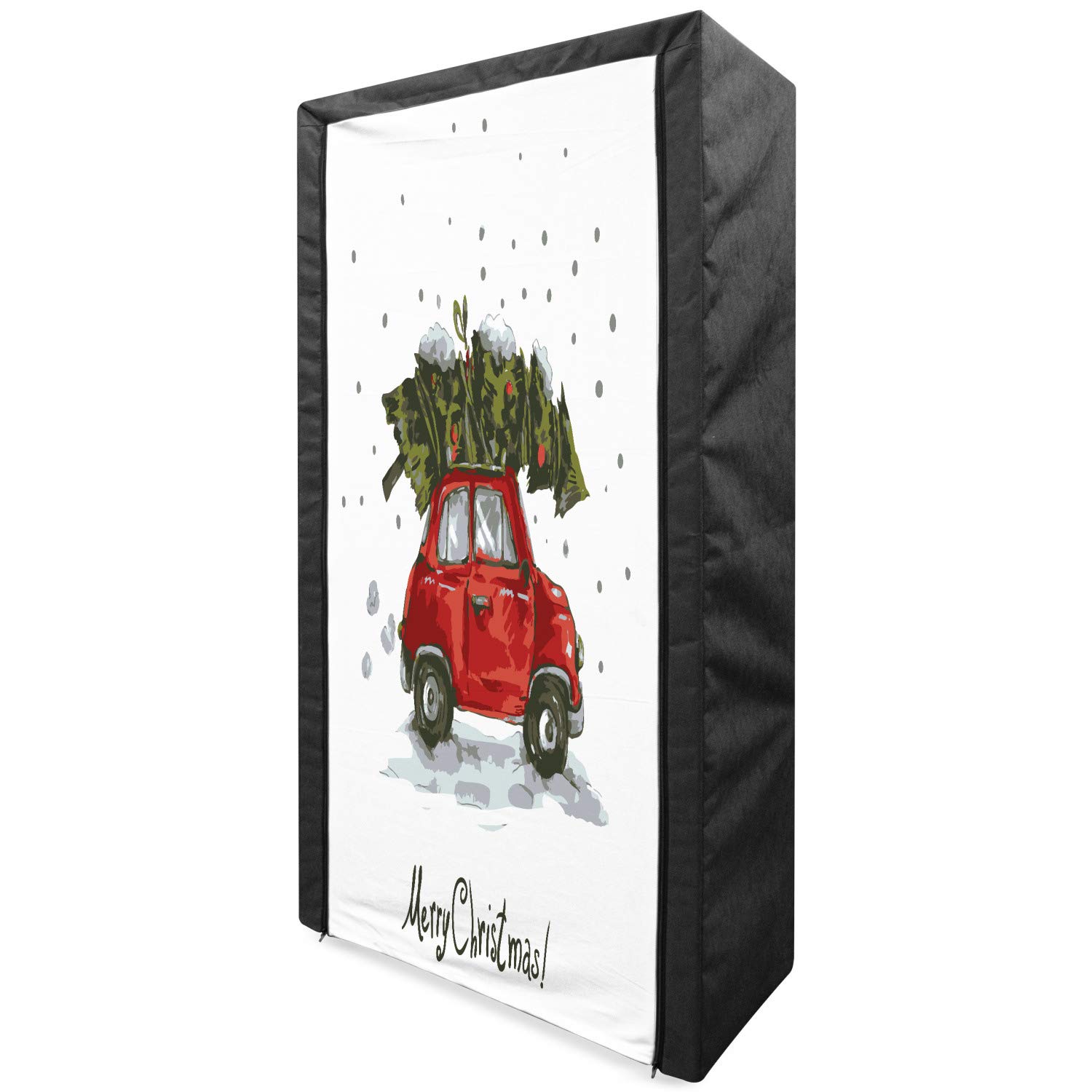 Ambesonne Christmas Portable Fabric Wardrobe - Vintage Retro Style Car Xmas Tree Design with Snowy Winter Art, 33.5 Inch Green Vermilion Clothing Organizer with Shelves | Perfect for Holiday Storage, Bedroom Organization & Seasonal Decor