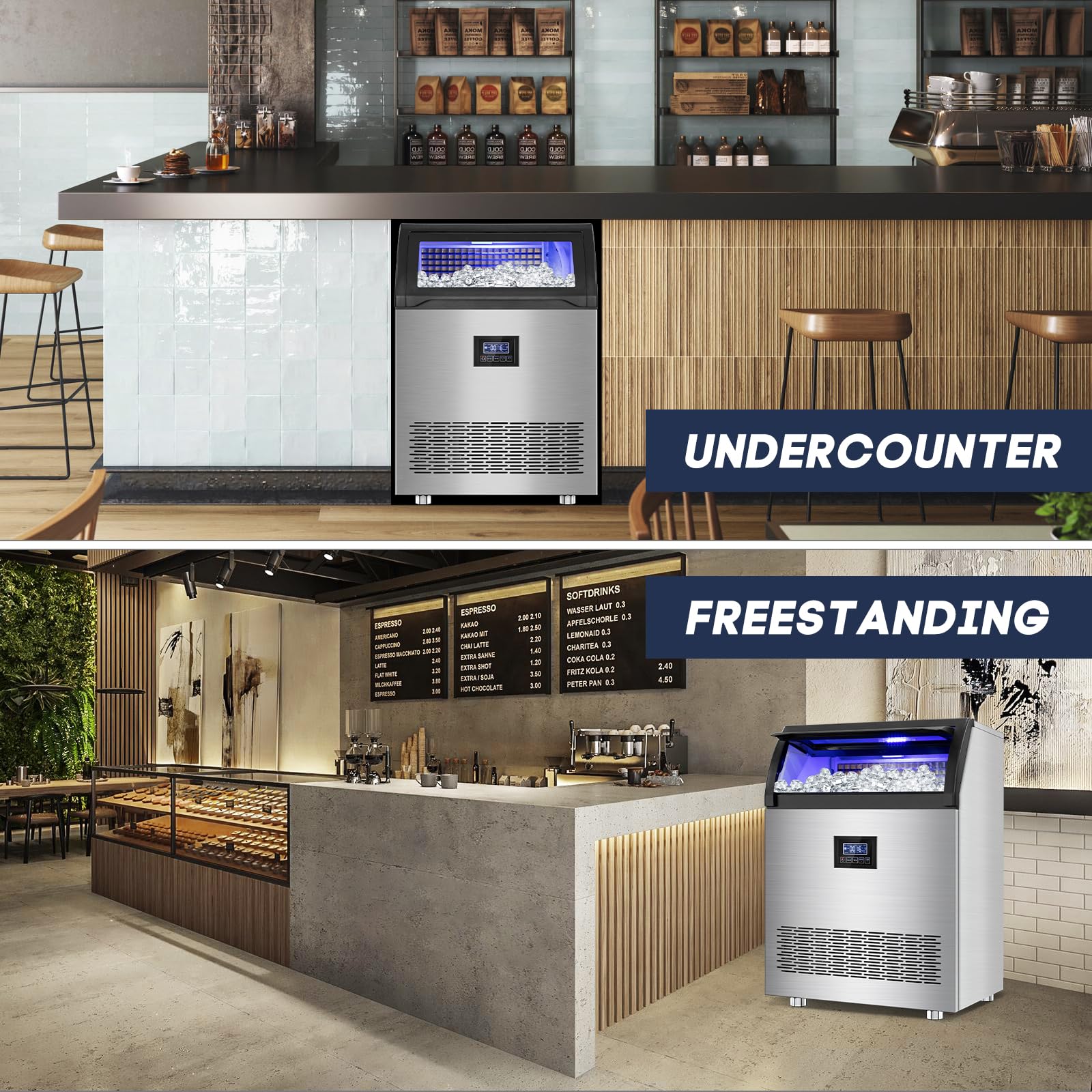 Commercial Ice Maker Machine 360LBS/24H with 80LBS Storage Bin - 126 Ice Cubes Per Batch, Stainless Steel Undercounter or Freestanding Ice Machine for Home Bar, Restaurant, Outdoor Party - Self Cleaning & Energy Efficient