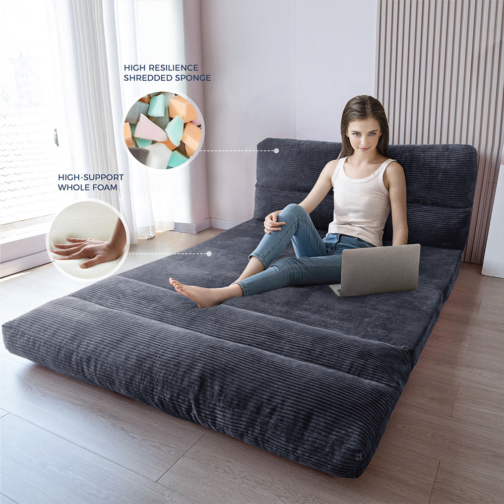 MAXYOYO Folding Sofa Bed - Extra Wide Corduroy Floor Sofa for Small Spaces, Dark Grey | Convertible Guest Bed & Lounge Chair for Apartments, Dorms & Living Rooms