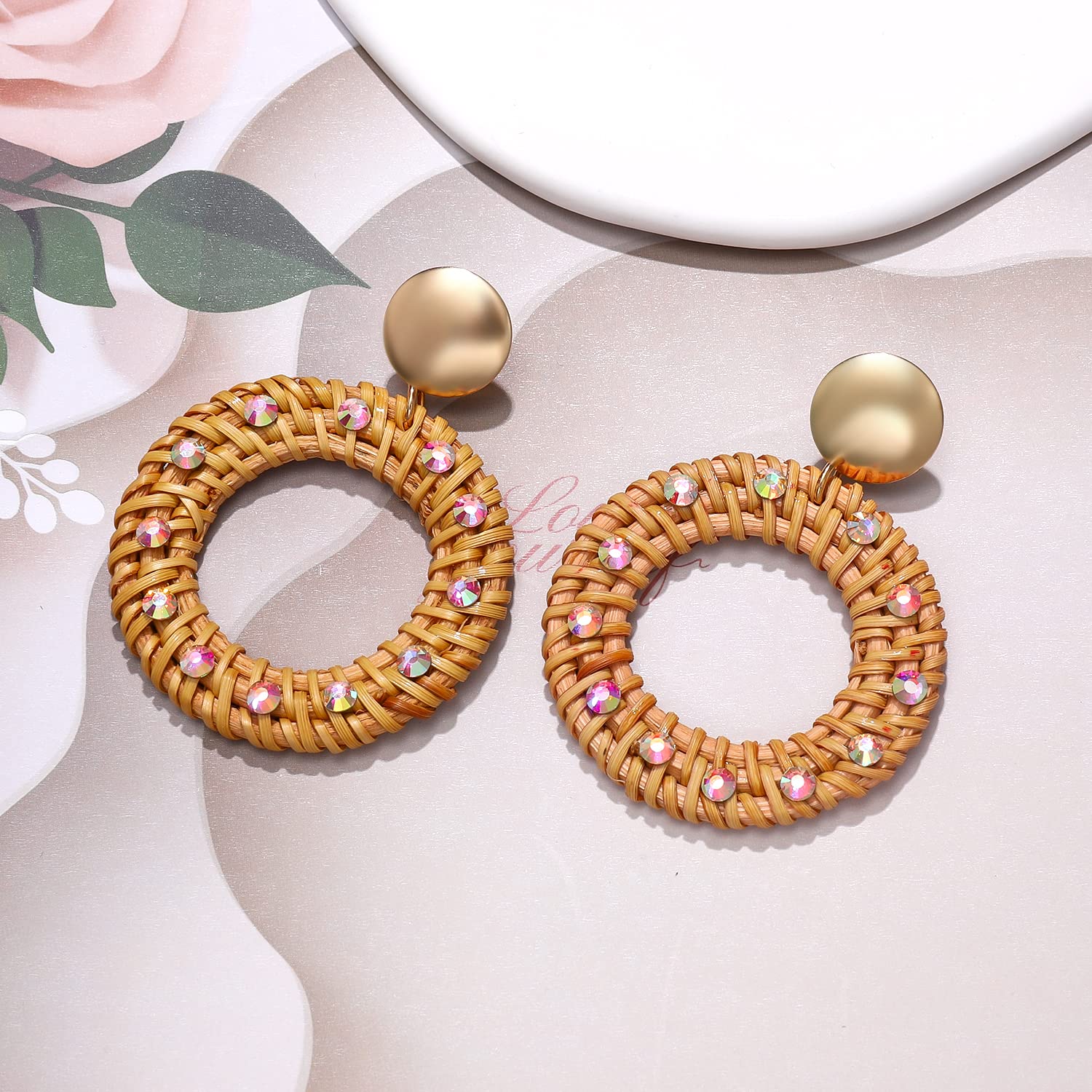 Handmade Bohemian Rattan Earrings for Women - Lightweight Geometric Woven Hoop Drop Dangle Earrings, Natural Raffia Straw Jewelry | Perfect for Summer Festivals, Beach Vacations & Boho Fashion