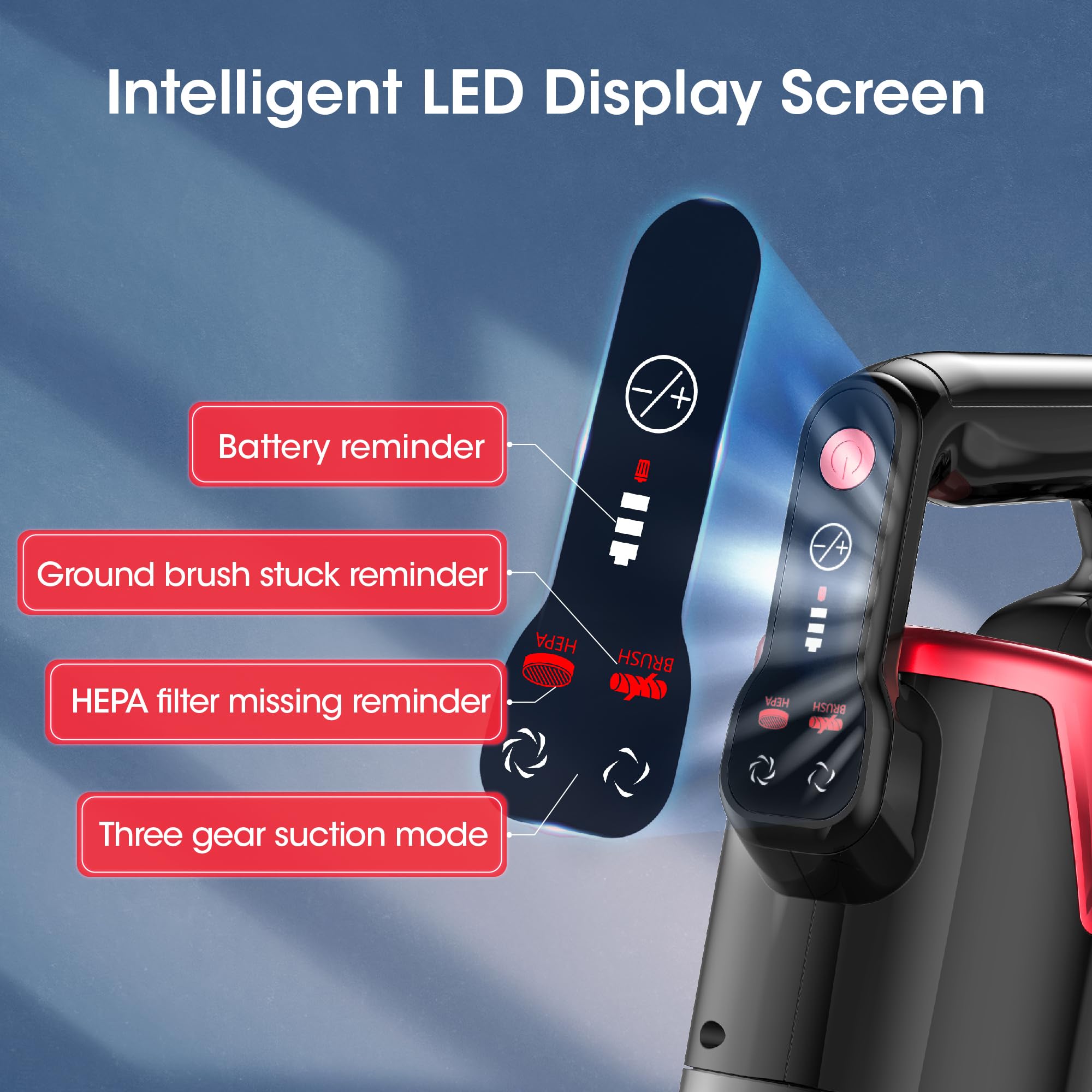 Powerful Cordless Stick Vacuum Cleaner with Brushless Motor, 2500mAh Detachable Battery, 45 Min Runtime & LED Display - Lightweight for Pet Hair, Hardwood Floors & Carpets - Ideal for Home Cleaning (Red)