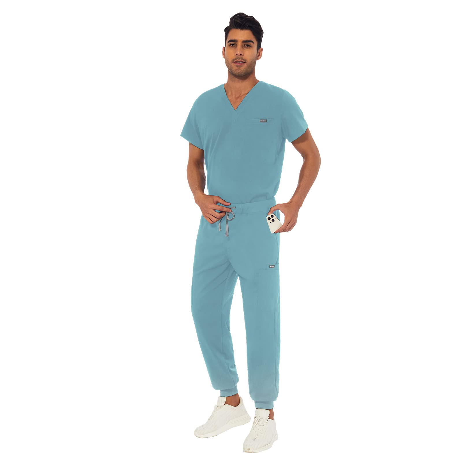 VIAOLI Men's Athletic Scrub Set - V-Neck Top & Yoga Jogger Pants with 8 Pockets - Comfortable Medical Uniform for Nurses, Doctors & Healthcare Workers - Perfect for Hospital Shifts, Clinical Work & Long Hours on Duty