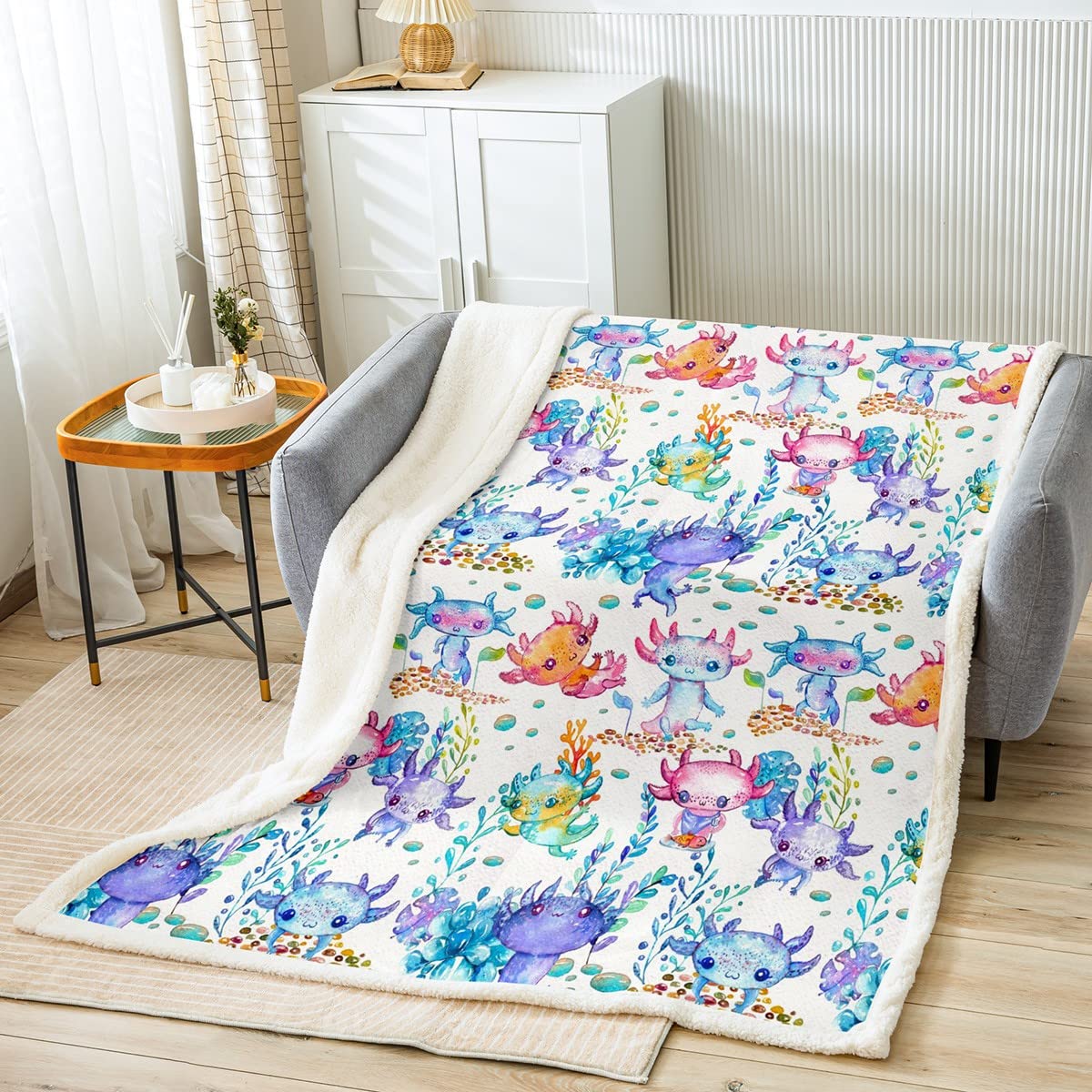Soft Kawaii Axolotl Plush Blanket 50x60 Inches - Cute Watercolor Mexican Salamander Fleece Throw for Kids, Boys, Girls & Adults - Cozy Flannel Blanket with Colorful Aquatic Plants Design for Bed, Sofa, Couch & Home Decor - Perfect Gift for Animal Lovers