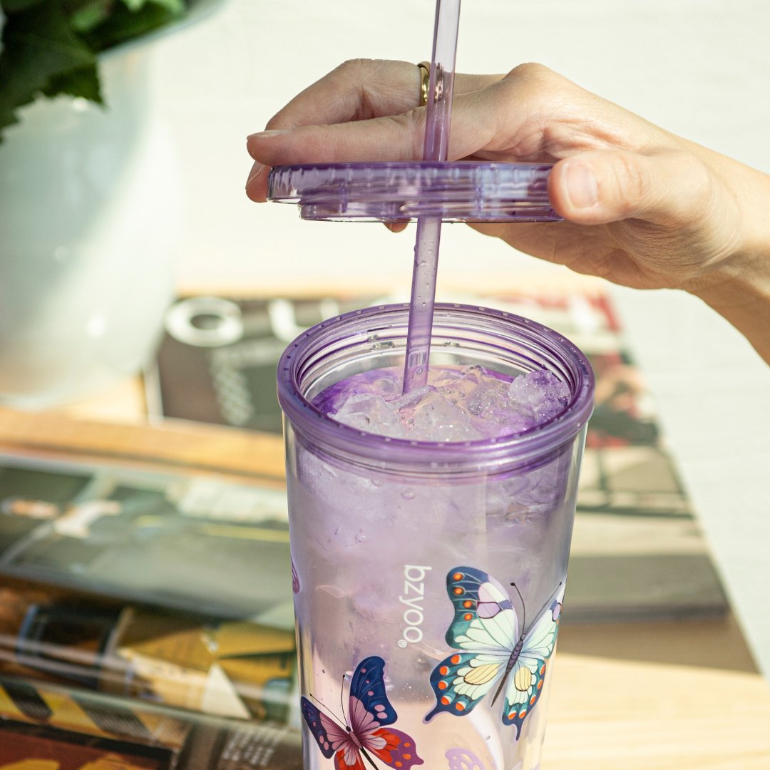 24oz Double Wall Insulated Plastic Tumbler with Lid & Straw - Butterfly Purple | Leak-Proof Travel Mug for Coffee, Tea & Cold Drinks | Office, Gym & Outdoor Use