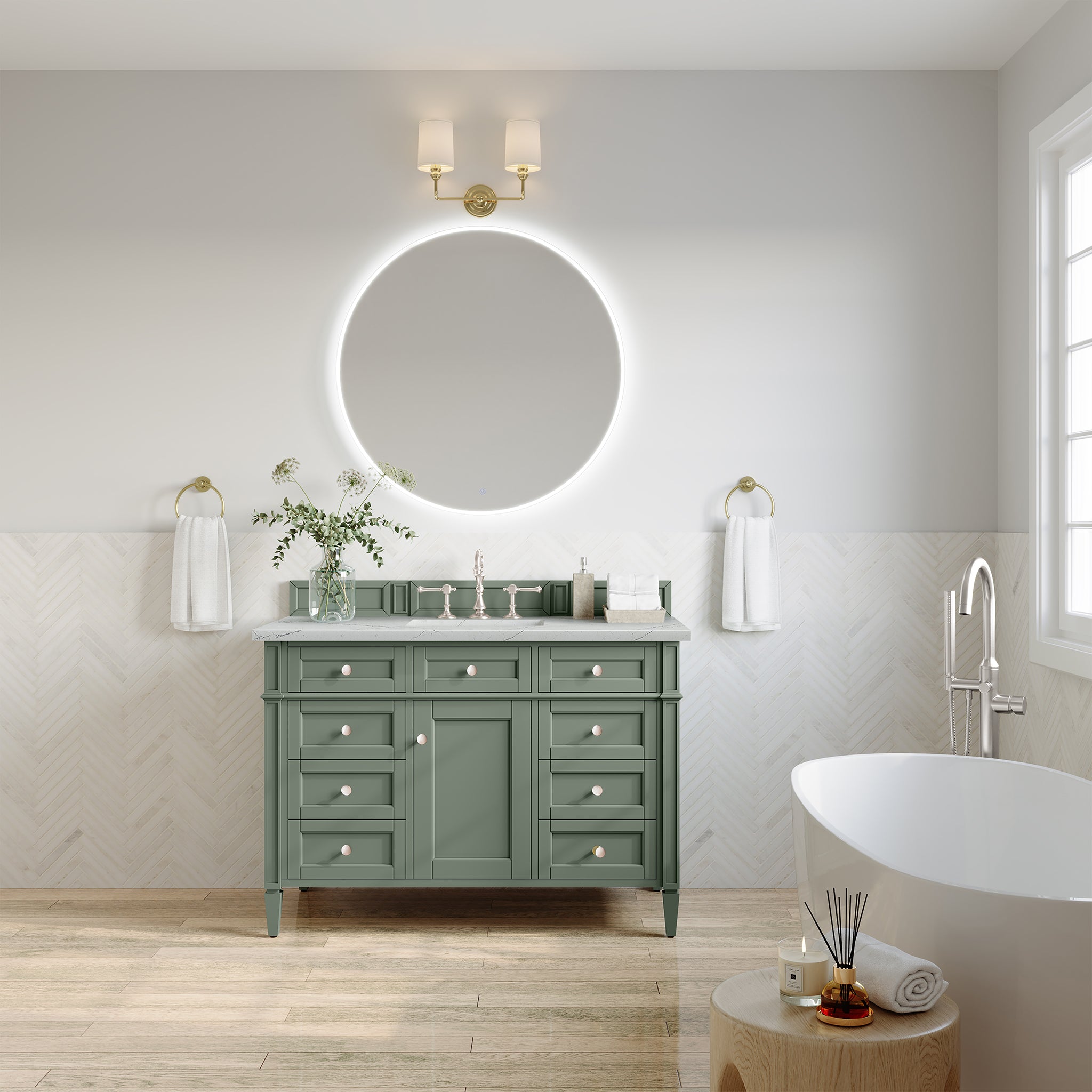 Brittany 48 Inch Single Bathroom Vanity with Smokey Celadon Finish & 3CM Ethereal Noctis Quartz Top - Perfect for Modern Master Bathrooms & Powder Rooms