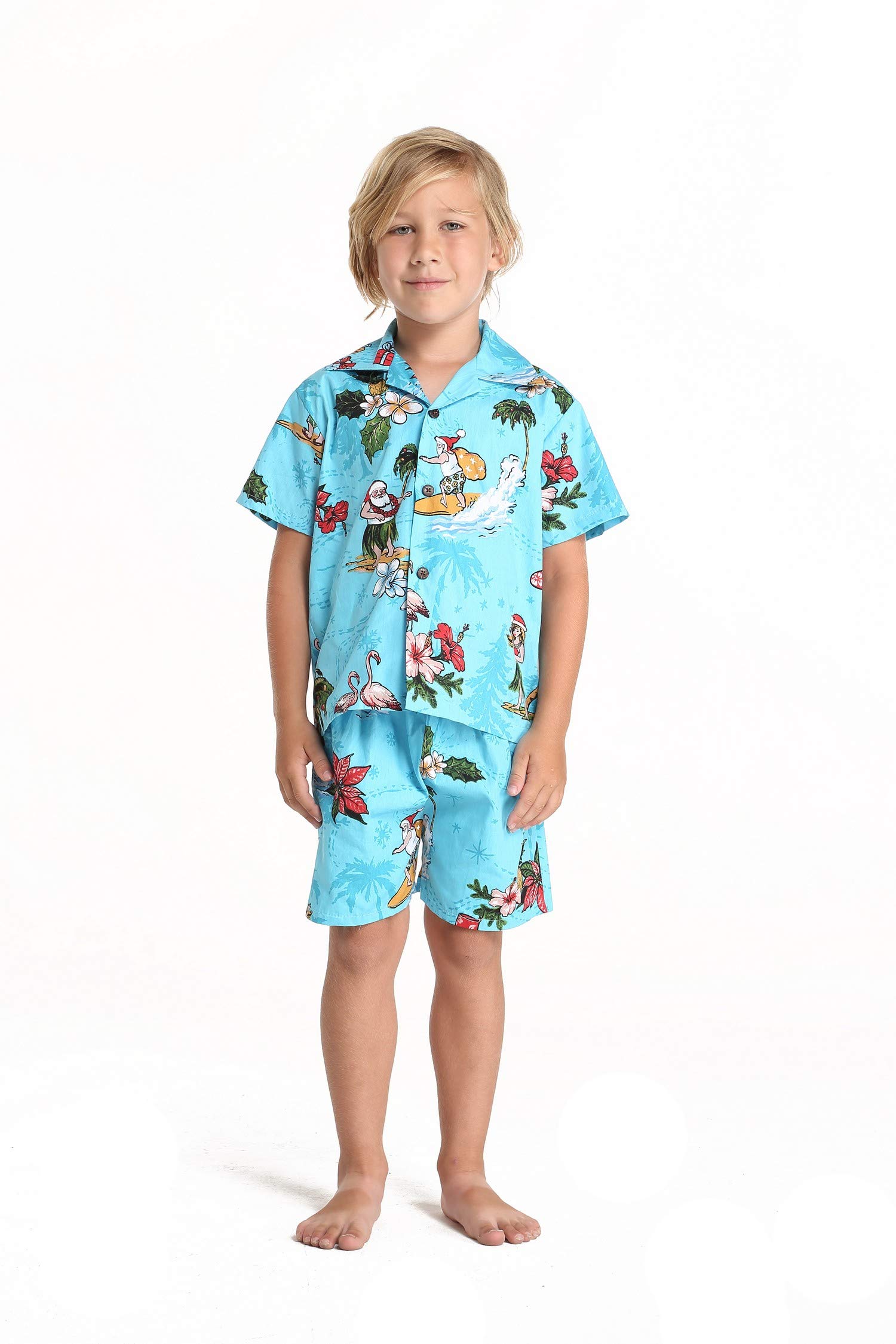 **Hawaiian Luau Matching Siblings Outfit - Girl's Shirt Dress & Boy's Shirt - Santa in Hawaii Theme - Perfect for Family Vacations, Beach Parties, and Holiday Photos**