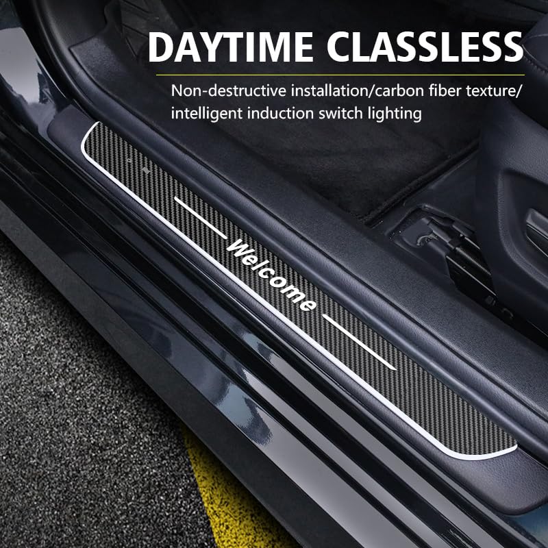 Carbon Fiber LED Door Sill Lights for Cars - 28 Color Auto-Sensing Wireless Welcome Lights with Custom Logo Option | Perfect for Nighttime Entry & Luxury Vehicle Enhancement