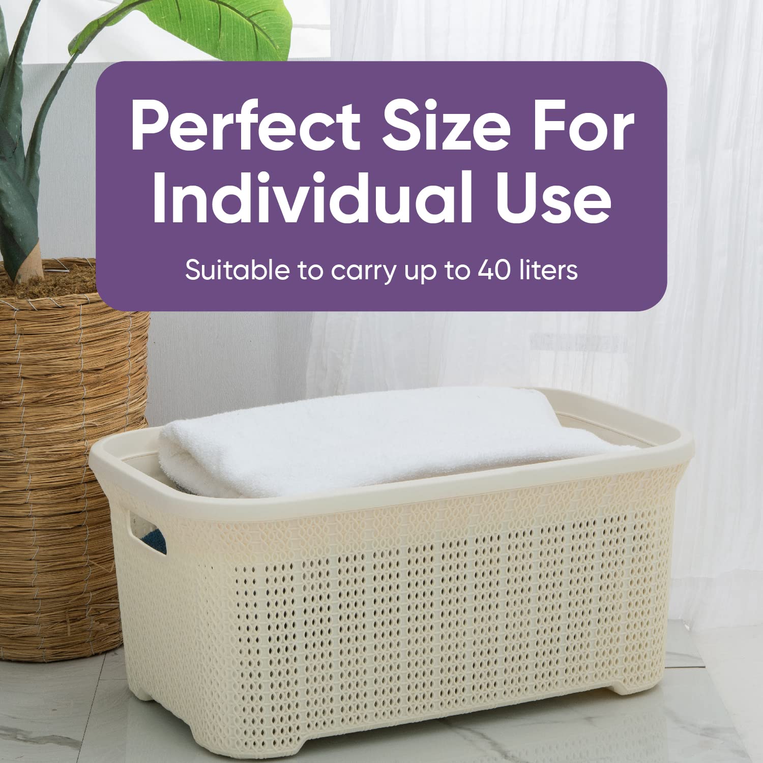 Plastic Laundry Basket with Cut-Out Handles - 40L Small Storage Hamper for Clothes Organization | Space-Saving Cream Knit Design for Laundry Room, Bedroom & Bathroom | Perfect for College Dorms, Apartments and Small Spaces