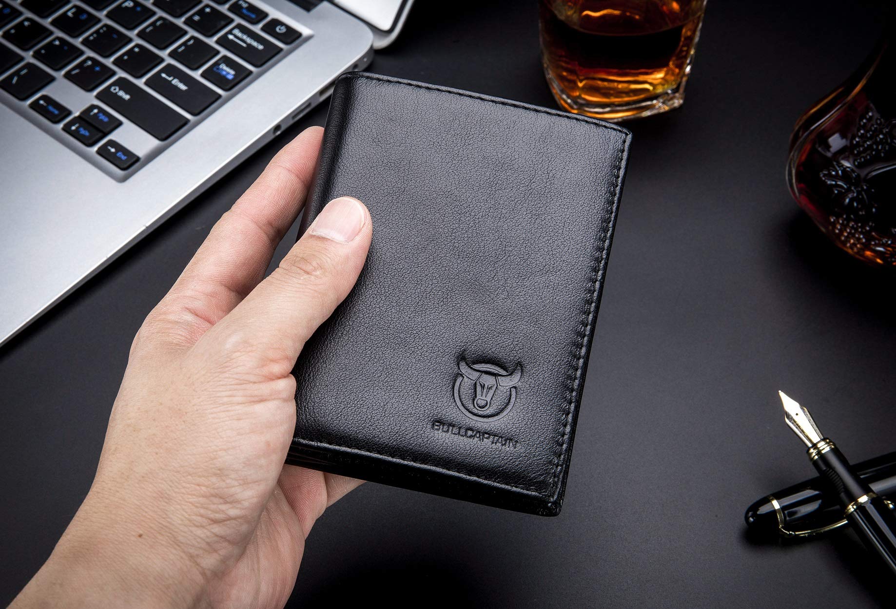 BULLCAPTAIN Genuine Leather RFID Wallet for Men - Slim Bifold with ID Window for Daily Use