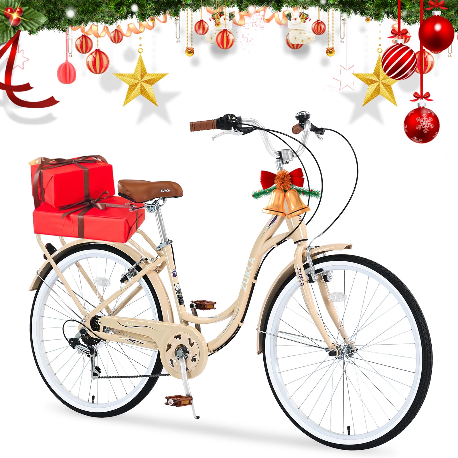 26 Inch Women's Beach Cruiser Bike - 7 Speed Comfortable City Commuter Bicycle with Durable Rear Rack for Short Women, Ladies & Seniors - Perfect for Beach Rides, City Commuting & Leisure Cycling