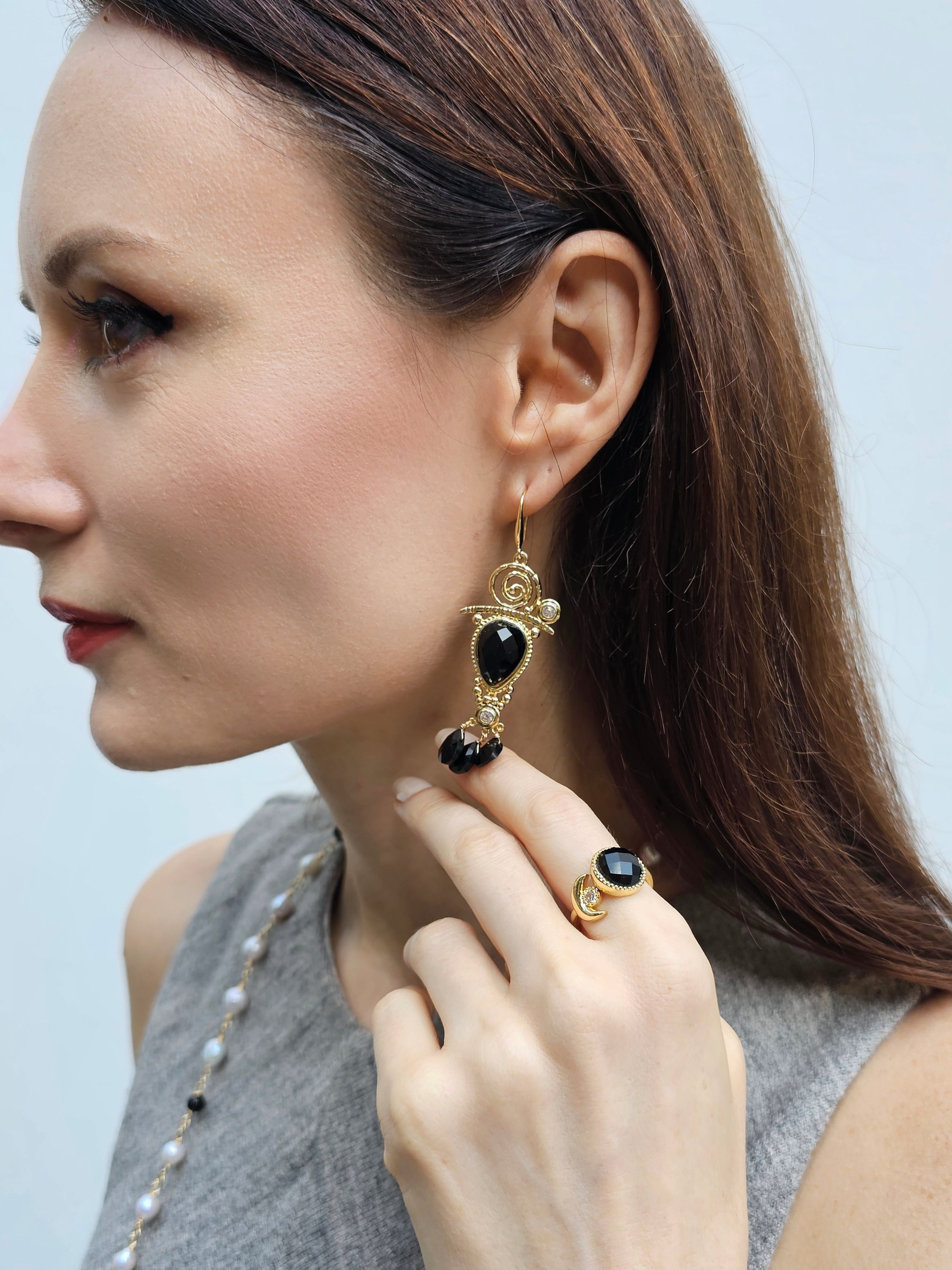Elegant Black Agate Chandelier Earrings for Women - PE002 | Handmade Gemstone Dangle Earrings for Party, Wedding & Evening Wear