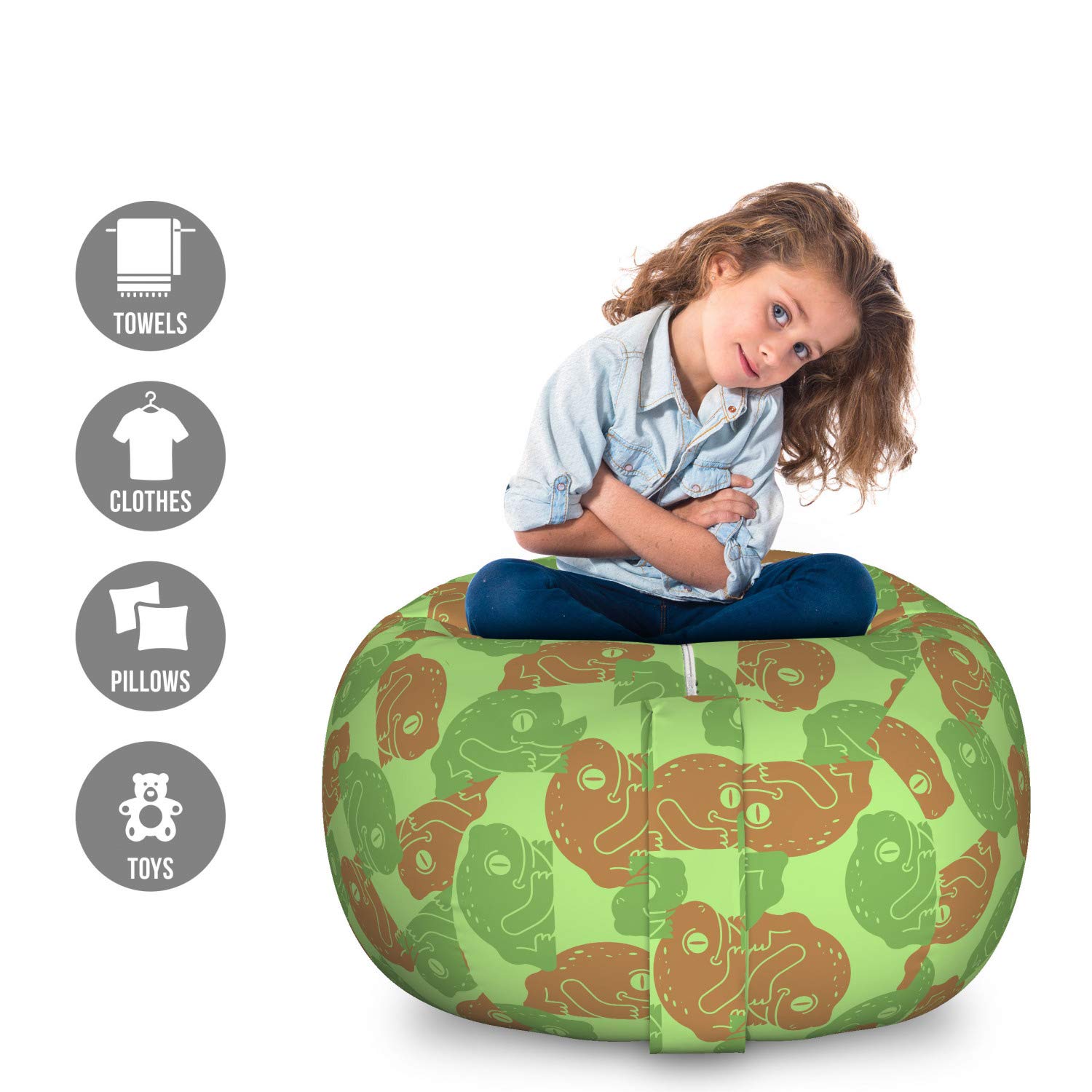 Ambesonne Large Washable Stuffed Animal Storage Bag Chair - Repeating Abstract Camouflage Frog Design in Caramel Fern Green | Kids' Room Organizer, Toy Storage Solution for Bedrooms & Playrooms