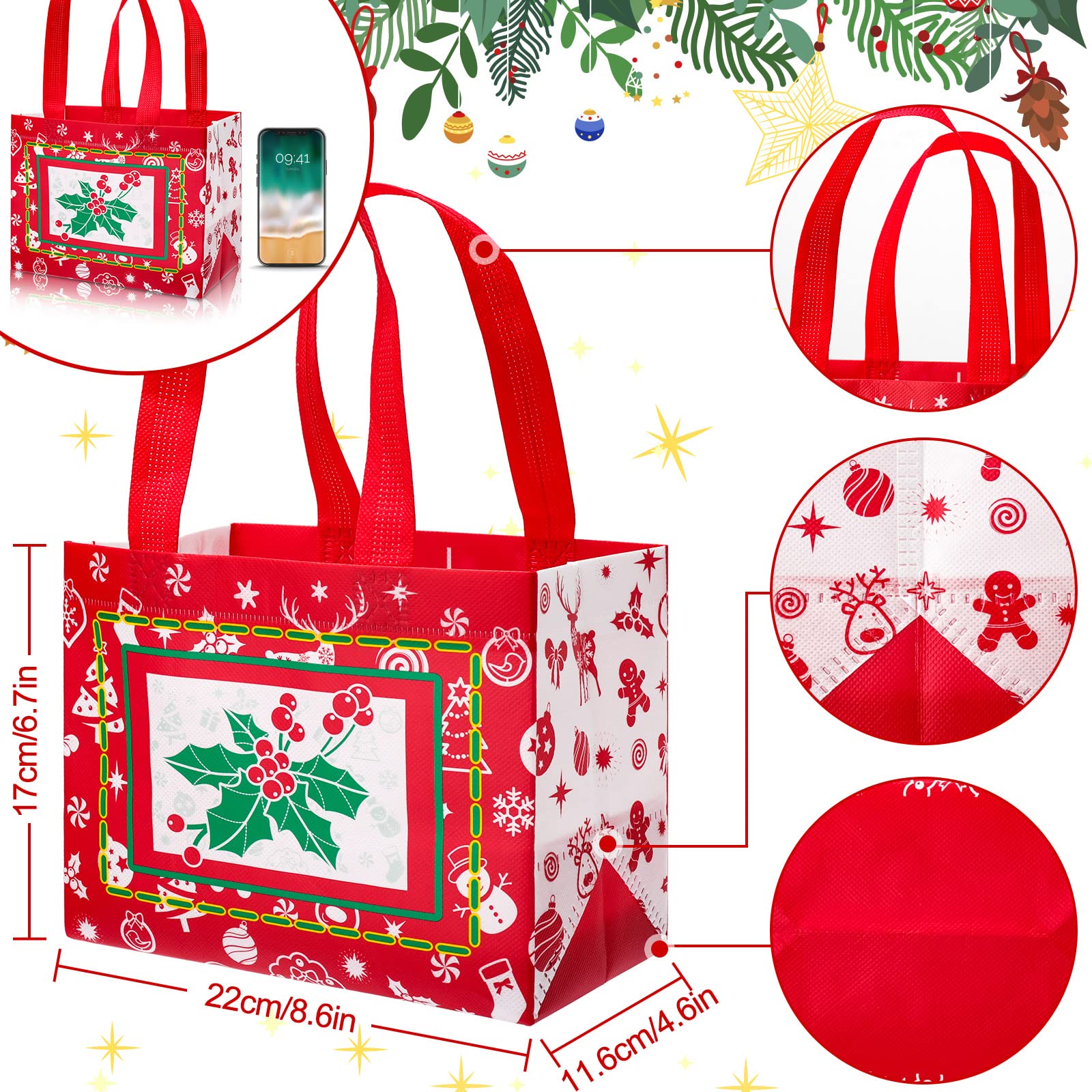Whaline 16Pcs Christmas Gift Bags with Handles - Reusable Waterproof Tote Bags for Holiday Party & Shopping (4 Designs)