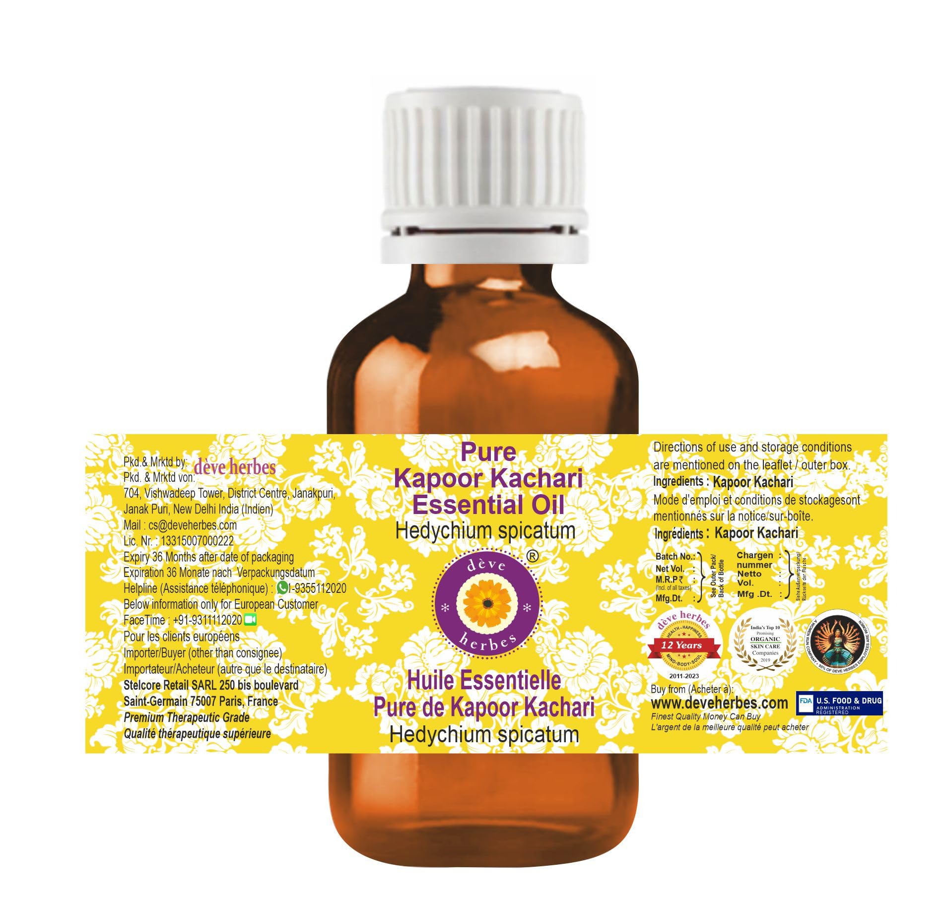 Pure Kapoor Kachari Essential Oil (Hedychium spicatum) - 100% Natural Steam Distilled 5ml for Aromatherapy, Massage & Relaxation - USDA Certified Organic Therapeutic Grade Oil for Diffusers & Skin Care