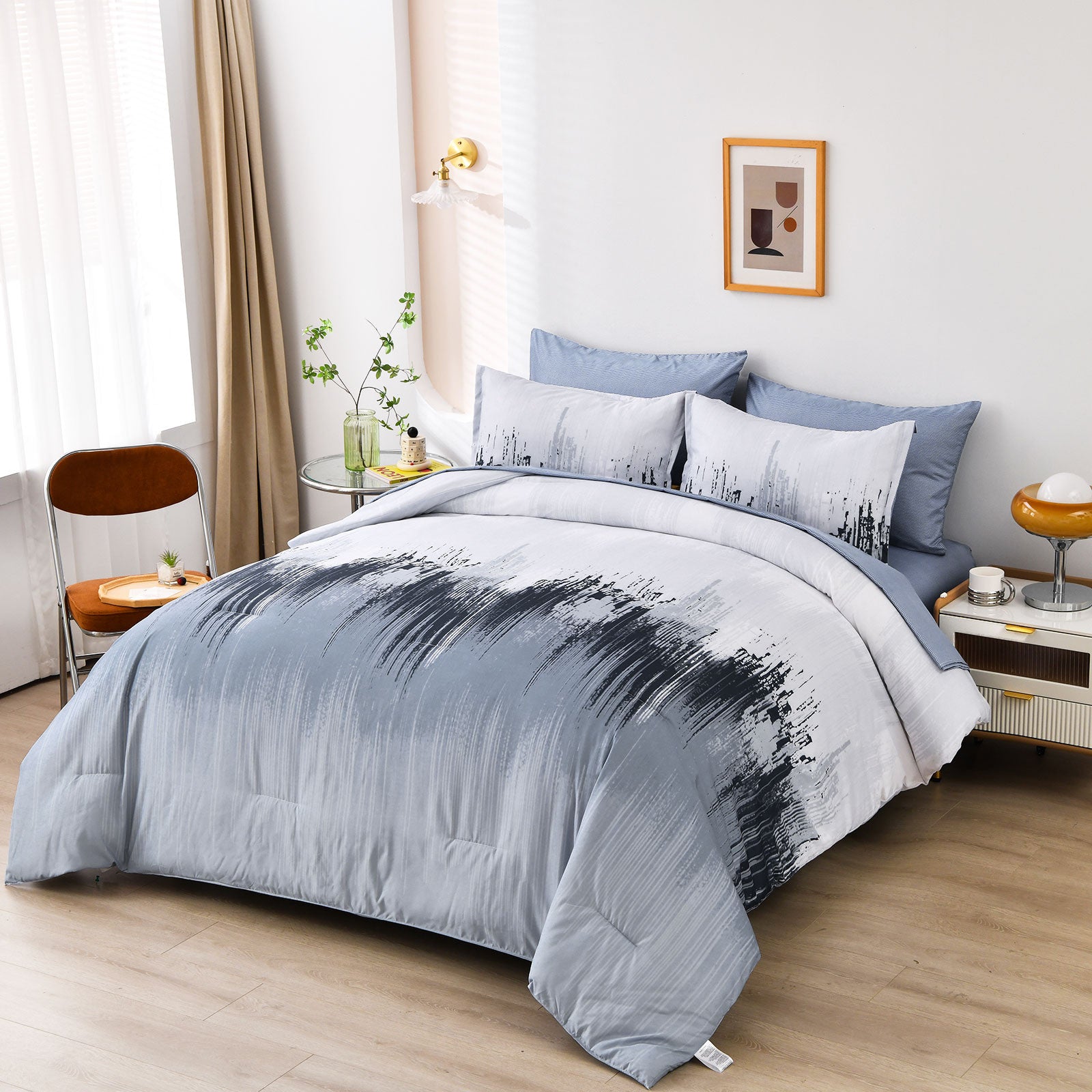 Floral Stripes King Size Comforter Set - 3 Piece Bedding with Pillowcases, Soft & Warm for Cozy Bedroom Decor - Perfect for Master Bedroom, Guest Room & Winter Nights