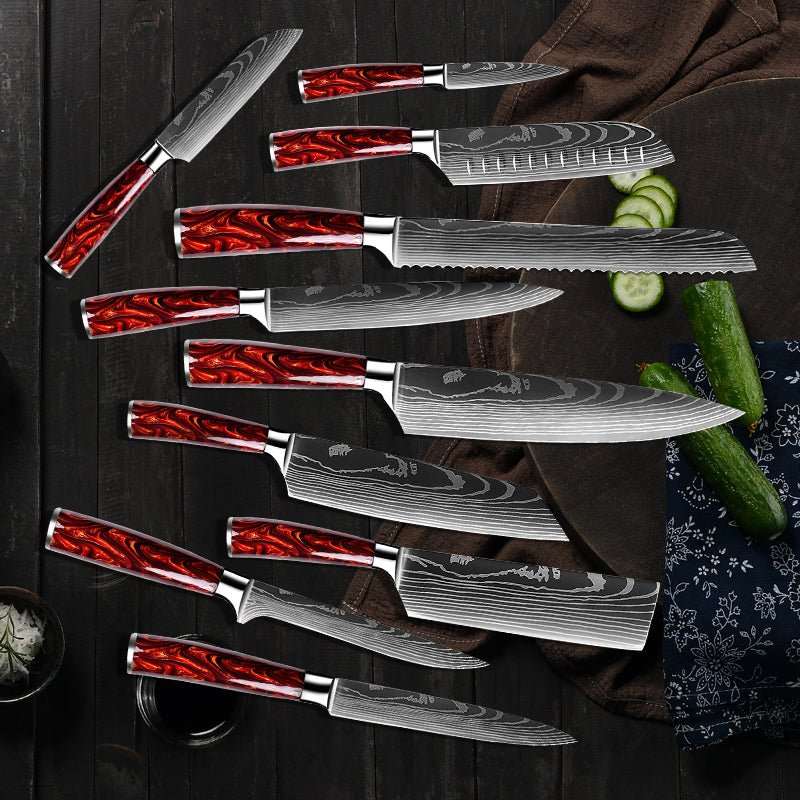 Premium 10-Piece Handmade Damascus Steel Chef Knife Set with Sheaths - High Carbon HC Steel Kitchen Knives for Professional Chefs & Home Cooking - Perfect for Slicing, Dicing, and Food Preparation