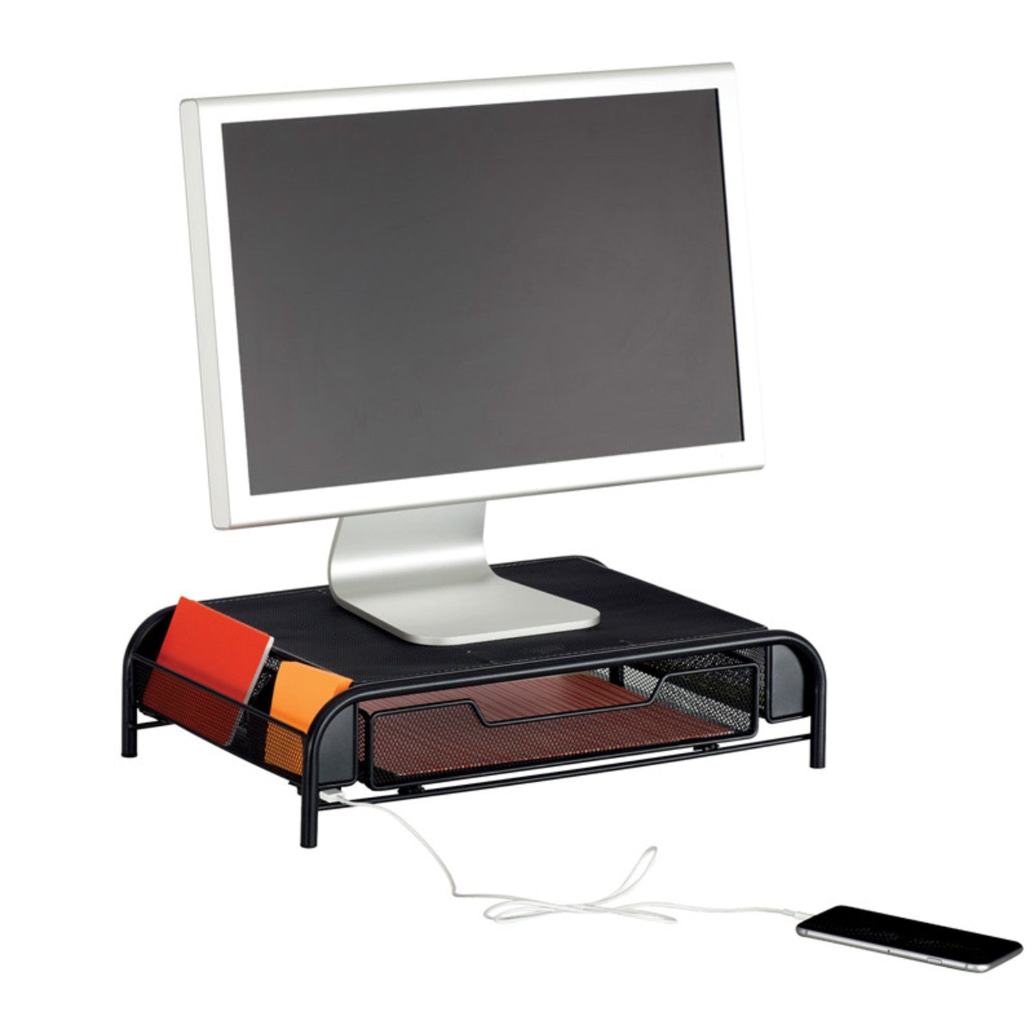 UltiMesh Black 1 Drawer Monitor Stand with USB Power Port - Ergonomic Desktop Organizer for Home & Office Workspace