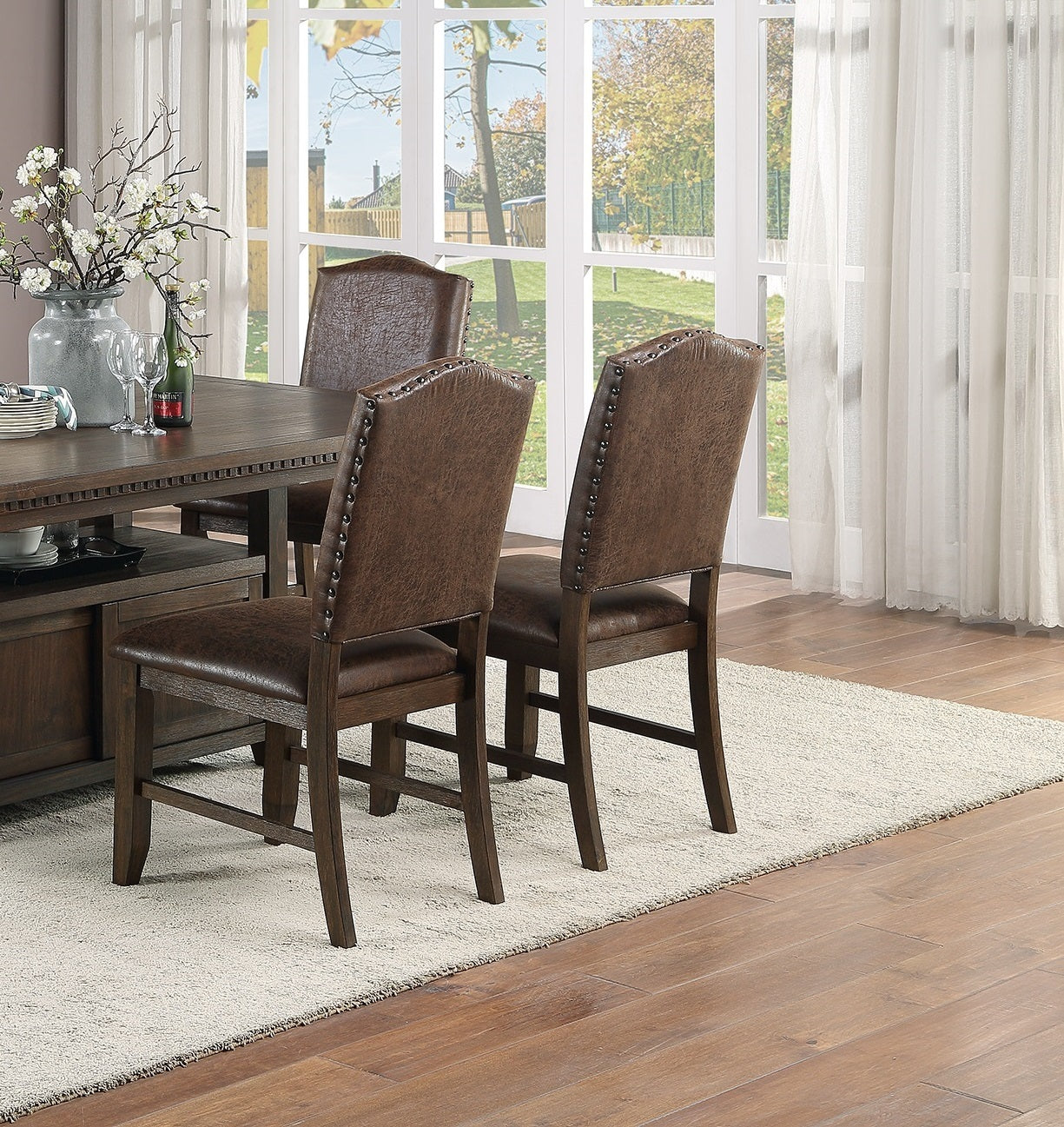 Set of 2 Classic Brown Faux Leather Dining Chairs with Rustic Espresso Finish & Foam Cushion - Rubber Wood Frame - Perfect for Kitchen, Dining Room or Home Office Seating