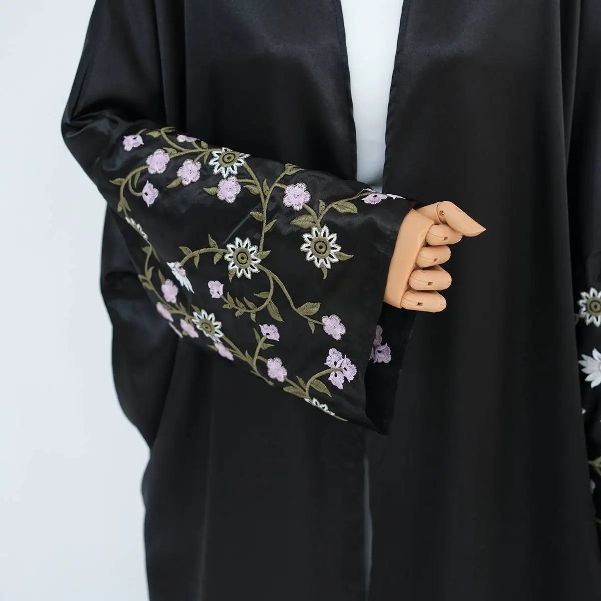 Elegant Floral Embroidery Satin Cardigan Abaya Dress - Lightweight Open Front Kimono Cover Up for Women - Perfect for Prayer, Mosque, Wedding & Special Occasions