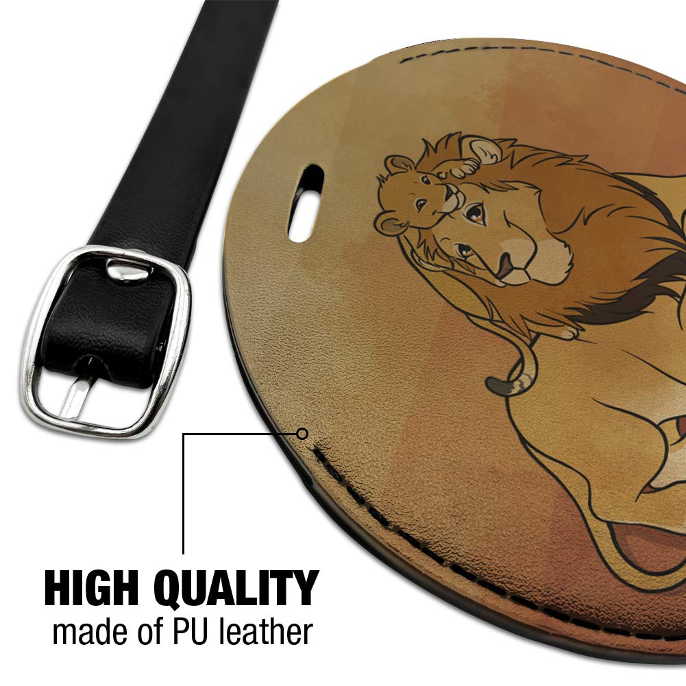 Dad Lion and Cub Round Leather Luggage Tag - Personalized Carry-On ID Tag for Suitcases & Travel Bags | Perfect for Family Trips, Business Travel & Vacation Identification