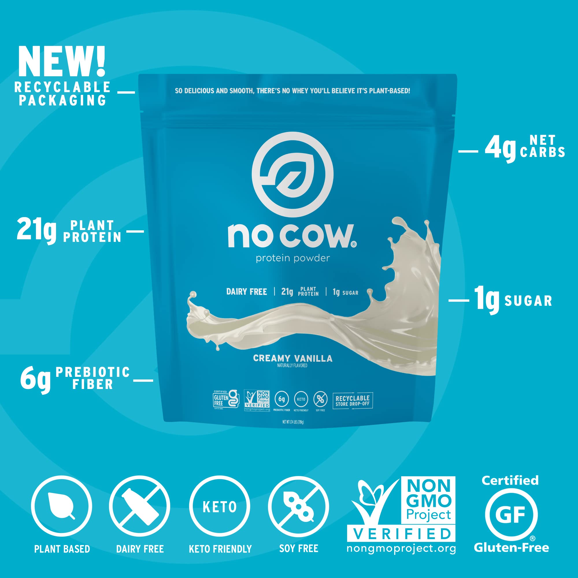 No Cow Vegan Protein Powder - Vanilla Flavor, 21g Plant-Based Protein | Dairy Free, Soy Free, Sugar Free, Keto & Gluten Free | Non-GMO, Kosher Certified | 1.74lb Recyclable Bag | Perfect for Post-Workout Recovery & Healthy Smoothies