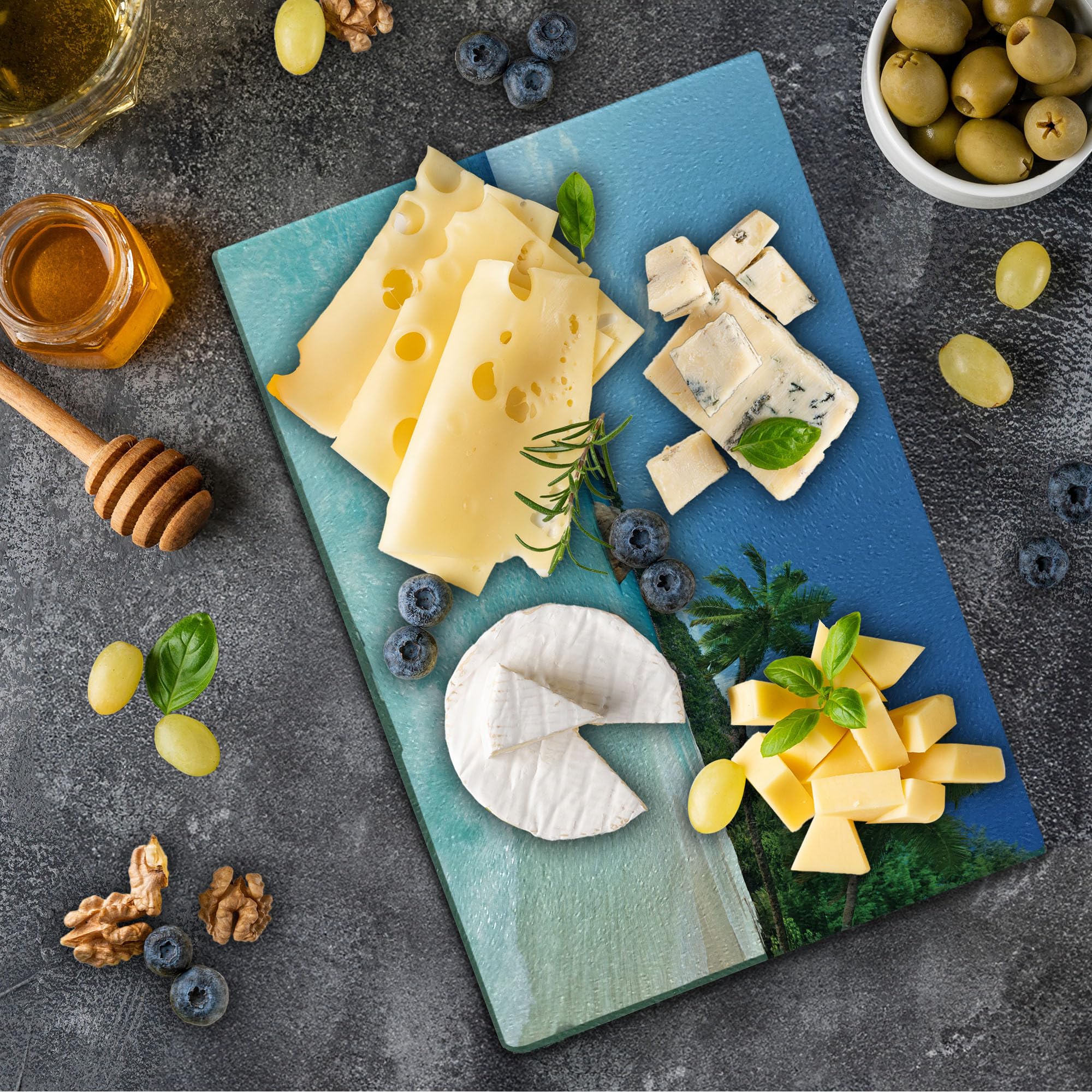 Ambesonne Ocean Themed Tempered Glass Cutting Board - Anse Lazio Beach Praslin Island Scenic Design - Small Turquoise Blue Green Serving Board for Kitchen, Charcuterie & Home Decor - Perfect for Entertaining, Gift Giving & Coastal Themed Kitchens