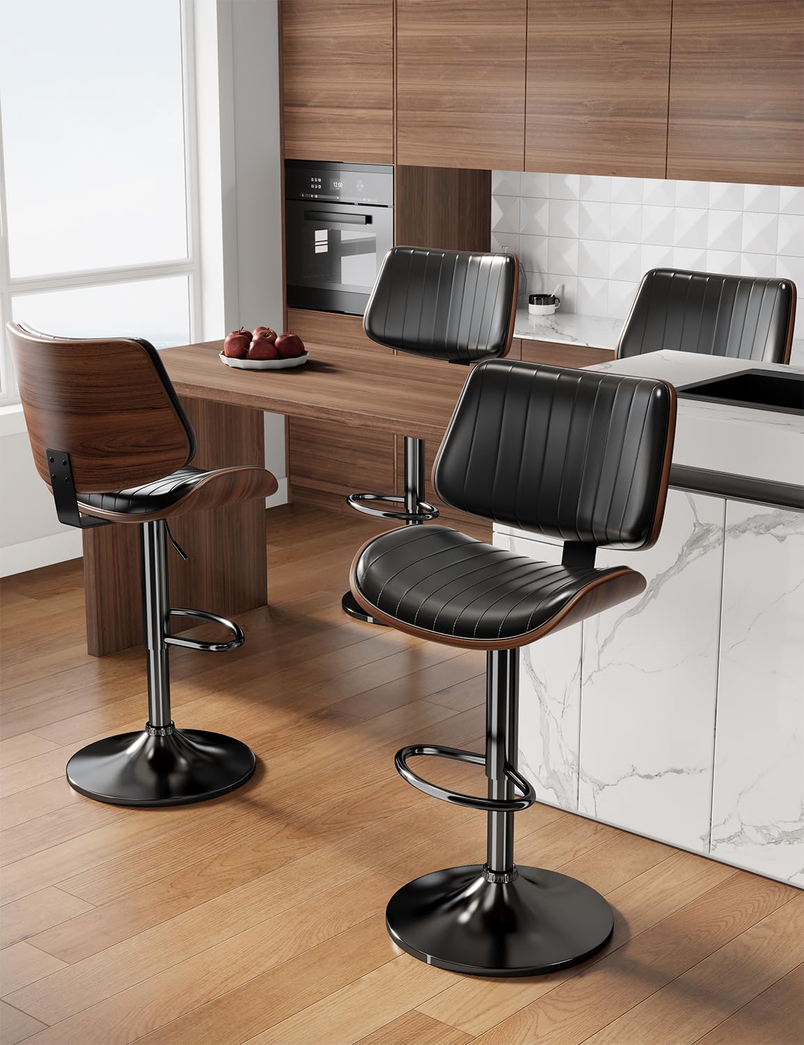 **4-Pack Adjustable Swivel Bar Stools with PU Leather Upholstery & Footrest - Modern Bentwood Bar Chairs for Kitchen Island, Counter, Dining Room & Home Bar - Black (Perfect for Entertaining & Casual Dining)**