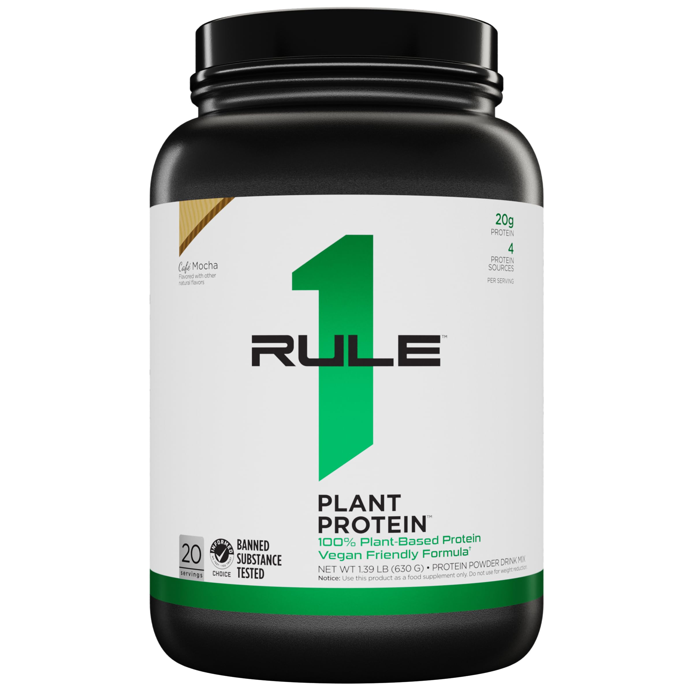 Rule 1 Plant Based Protein Powder - Vegan, Gluten Free, Dairy Free & Soy Free with 20g Protein per Serving (Café Mocha, 20 Servings) - Perfect for Post-Workout Recovery & Healthy Smoothies