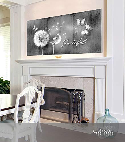 Grateful Dandelions Wall Art - Rustic Butterfly Decor for Bedroom - 60x27 Grey Canvas Painting - Perfect for Farmhouse, Boho & Living Room Wall Decor