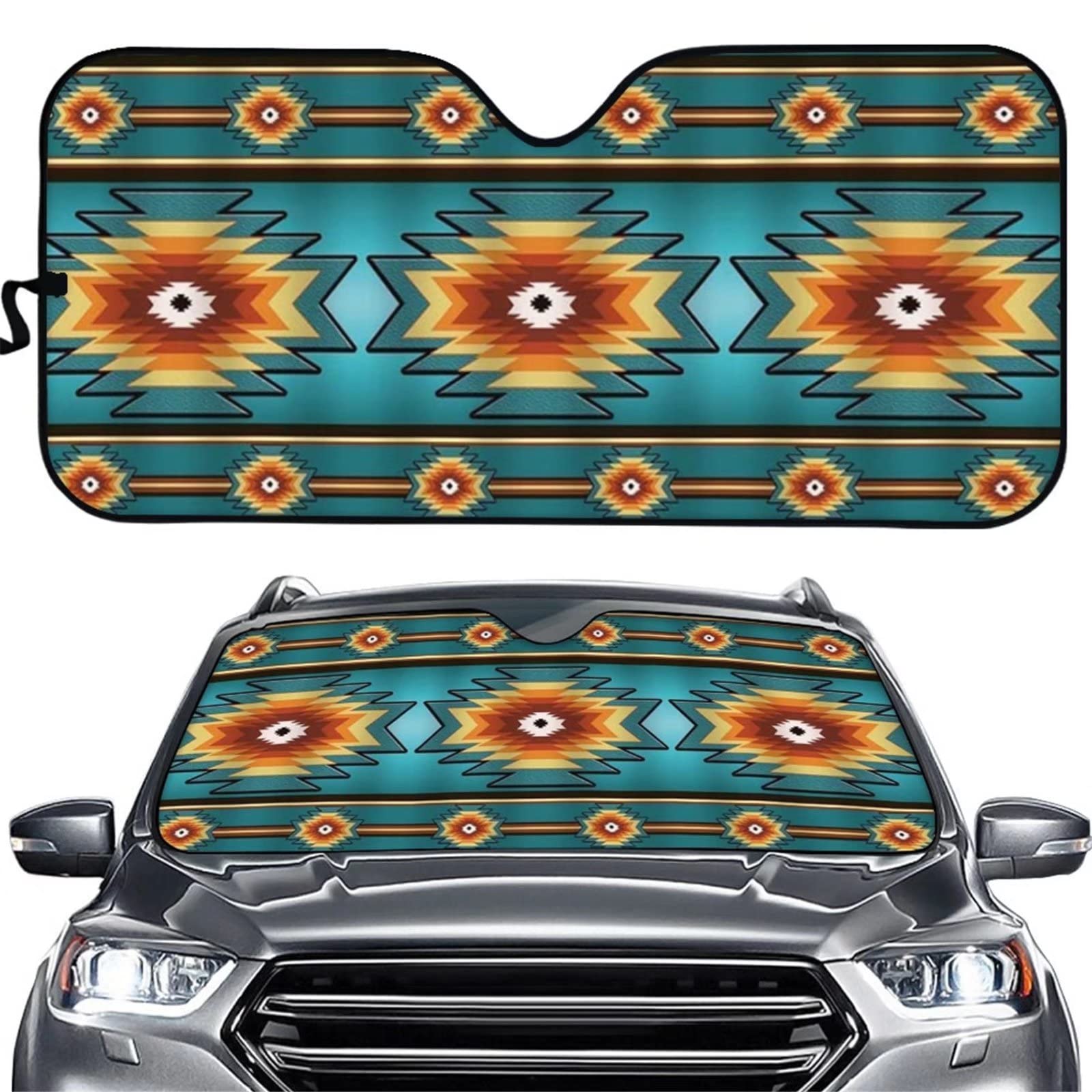 WELLFLYHOM Western Auto Sun Shades for Car Windshield - Aztec Pattern UV Protection Sunshade & Sun Visor Protector | Keeps Vehicle Cool | Perfect for Road Trips, Commuting & Parking