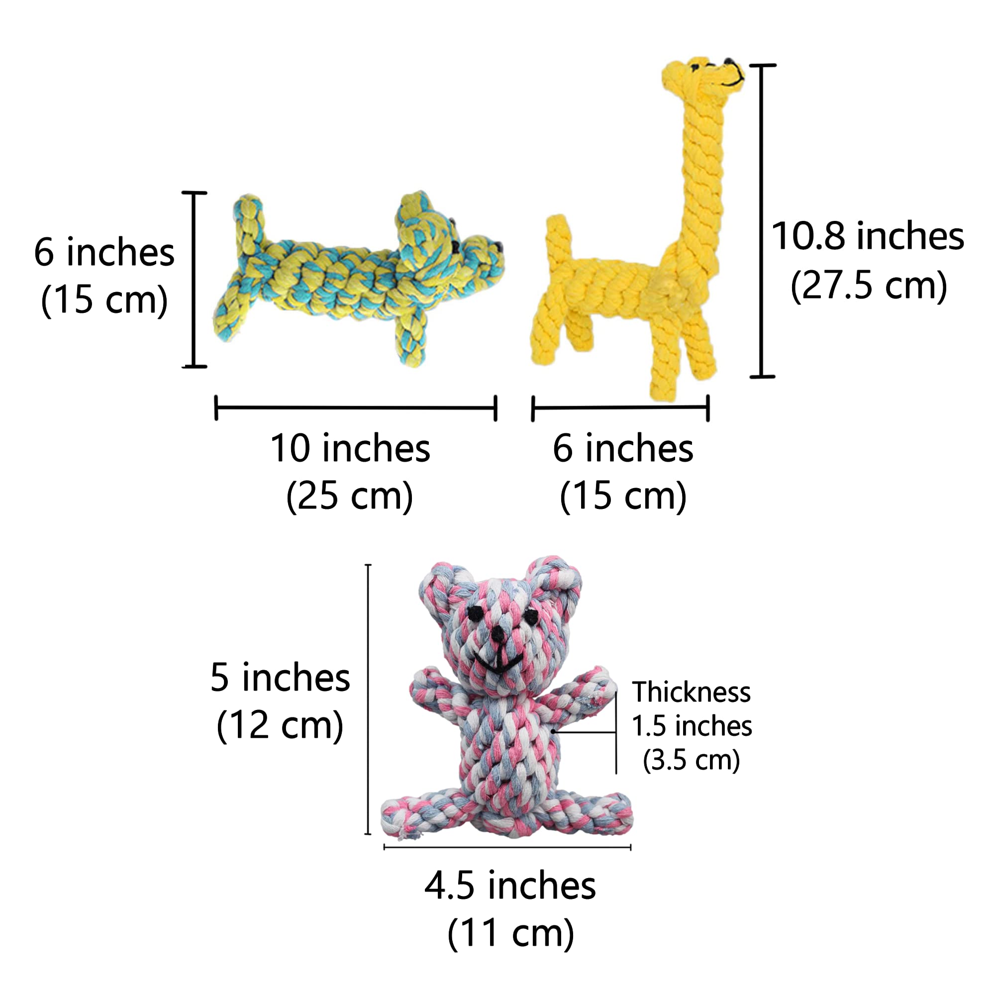 **SunGrow Cotton Rope Chew Toys for Puppies & Ferrets – Durable Teething Teddy Bear, Giraffe & Dog – Handwoven for Small Breeds – Promotes Healthy Teeth & Gums – Multicolor 3-Pack – Perfect for Playtime & Dental Care**