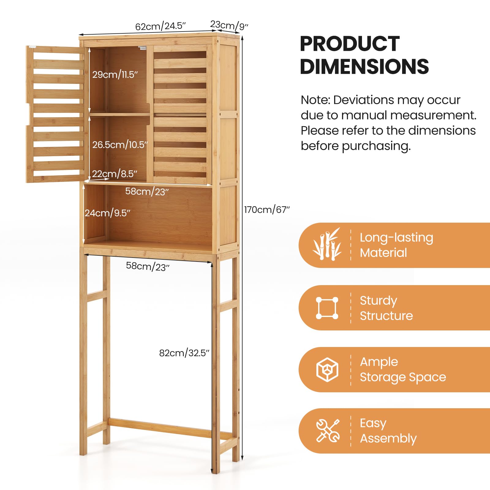 Giantex Over The Toilet Storage Cabinet - Bamboo Freestanding Bathroom Organizer with Shelves & Louver Doors | Anti-Tipping Design, Bottom Crossbar for Stability | Space Saving Toilet Rack for Towels, Toiletries & Bathroom Essentials | Perfect for Small Bathrooms, Apartments & Powder Rooms
