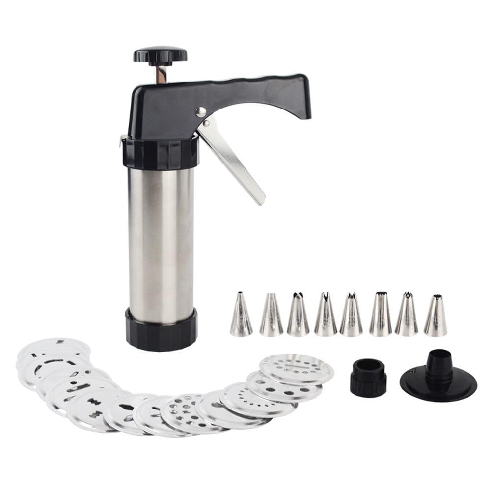 Stainless Steel Cookie Press Machine - 13 Cookie Mould Discs & 8 Piping Nozzles for DIY Biscuit Making, Cake Decorating | Perfect for Holiday Baking, Party Treats & Home Dessert Crafting