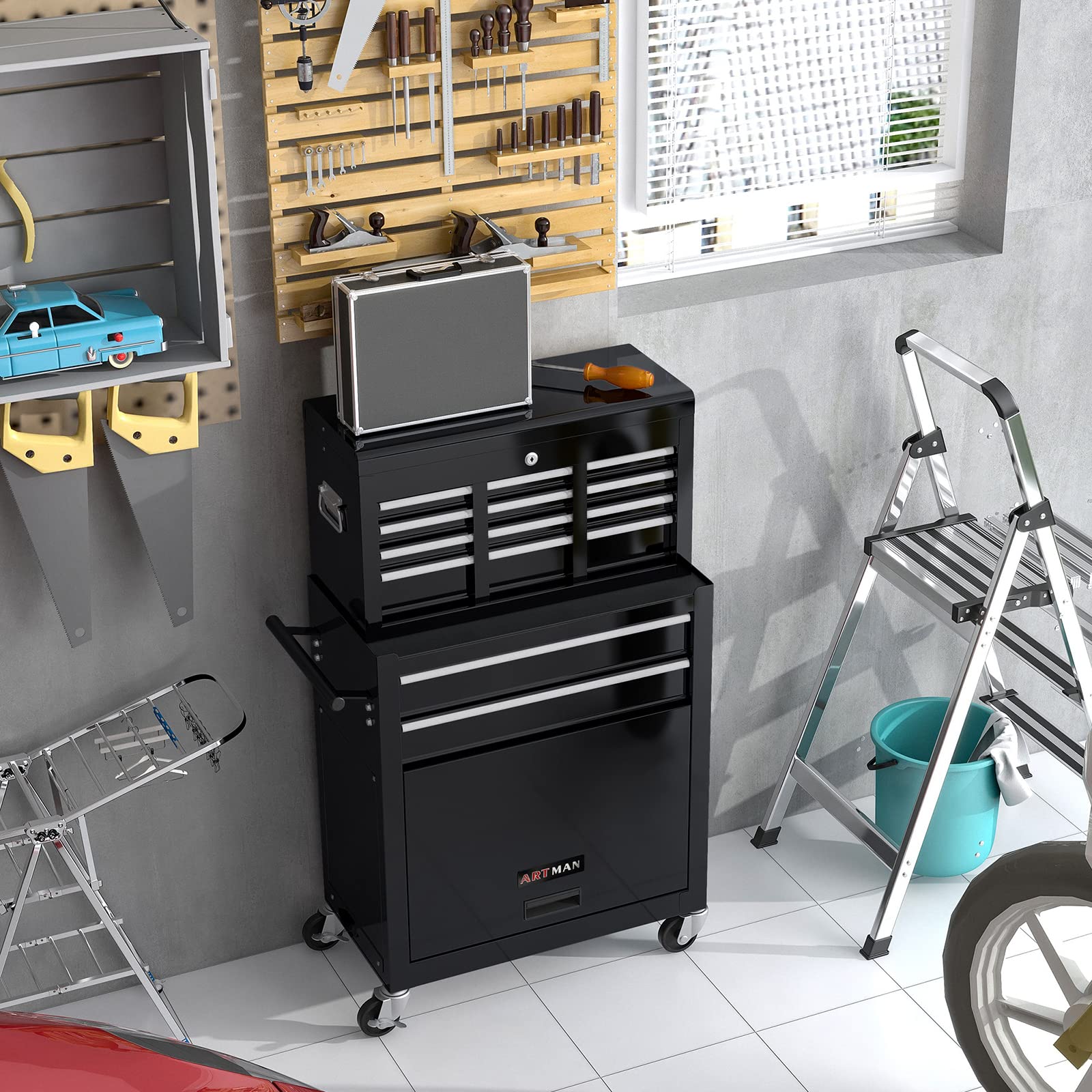 8-Drawer Rolling Tool Chest with Wheels - Heavy Duty Portable Tool Box Organizer for Garage, Workshop & Home - Black Tool Storage Cabinet with Removable Drawers - Perfect for Mechanics, DIY Projects & Professional Tool Organization