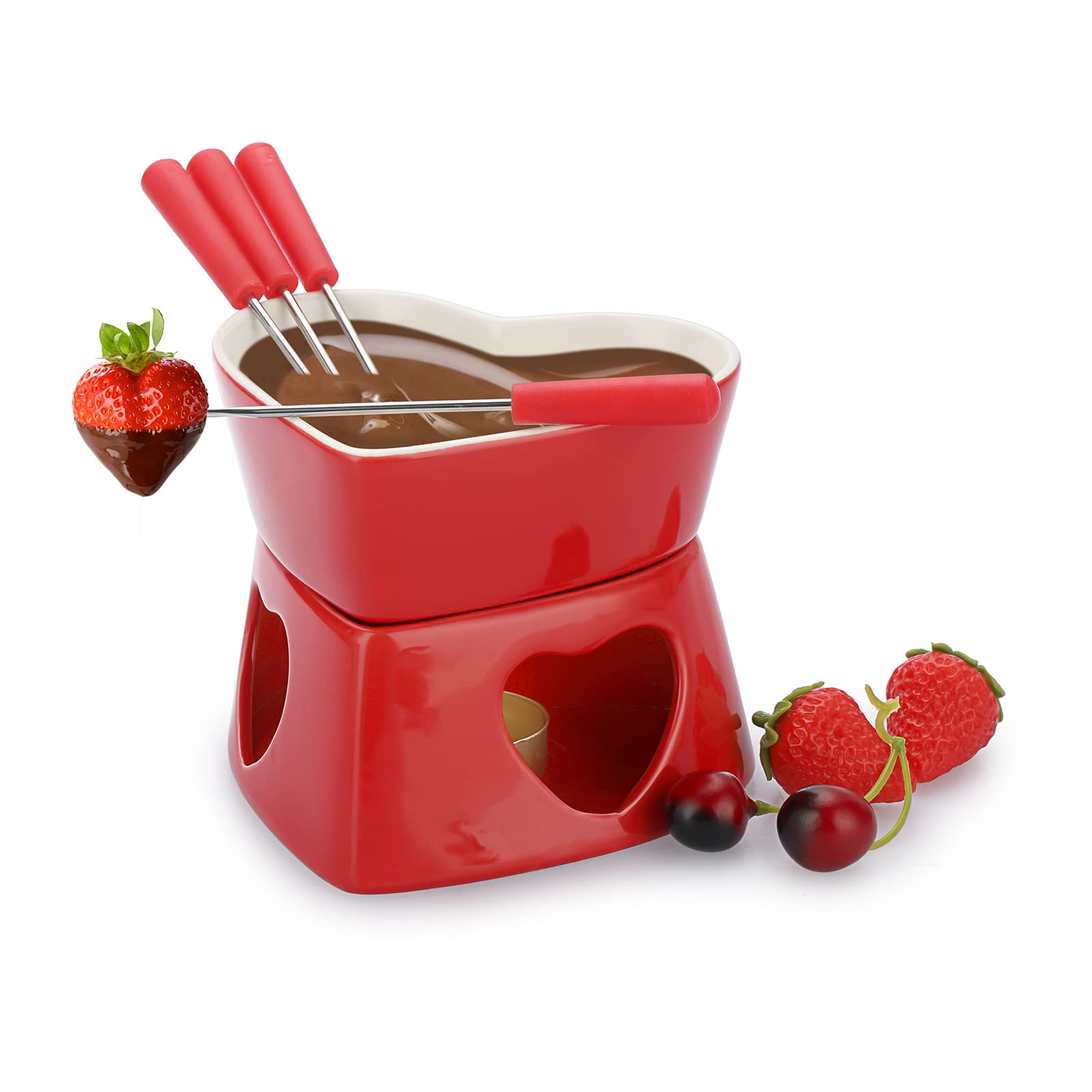 Red Ceramic Butter Warmer Set - Heart Shaped Fondue Pot for Melting Cheese, Chocolate, Butter & Caramel - Includes 4 Forks - Perfect for Romantic Dinners, Parties & Family Gatherings