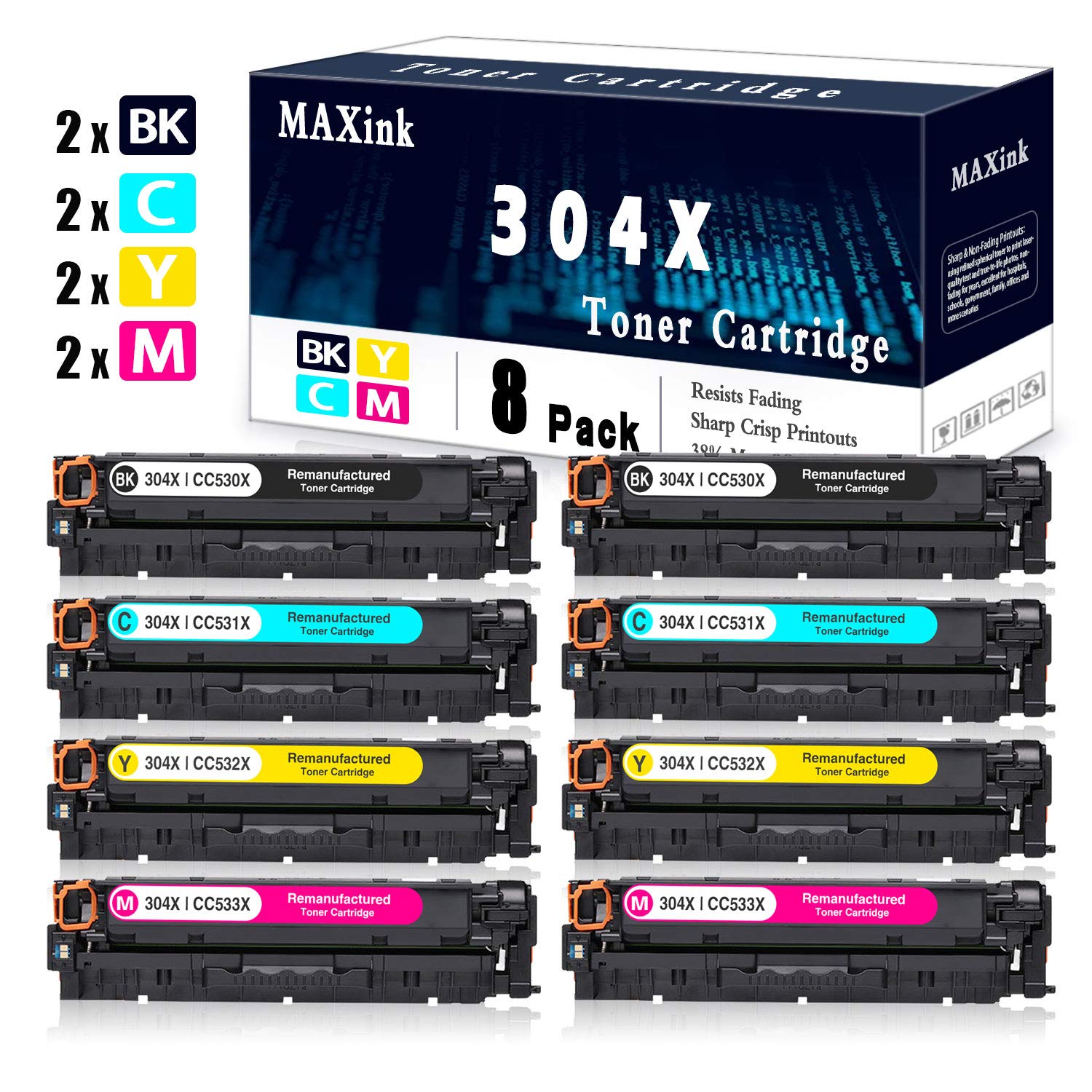 HP Compatible 8-Pack Remanufactured Toner Cartridges (2BK+2C+2Y+2M) - Replacement for HP Color LaserJet CP2025/CP2025n/CP2025dn/CP2025x & CM2320 Series Printers | High-Quality 304X, CC530X, CC531X, CC532X, CC533X | Perfect for Office Printing, Home Office & Small Business Use